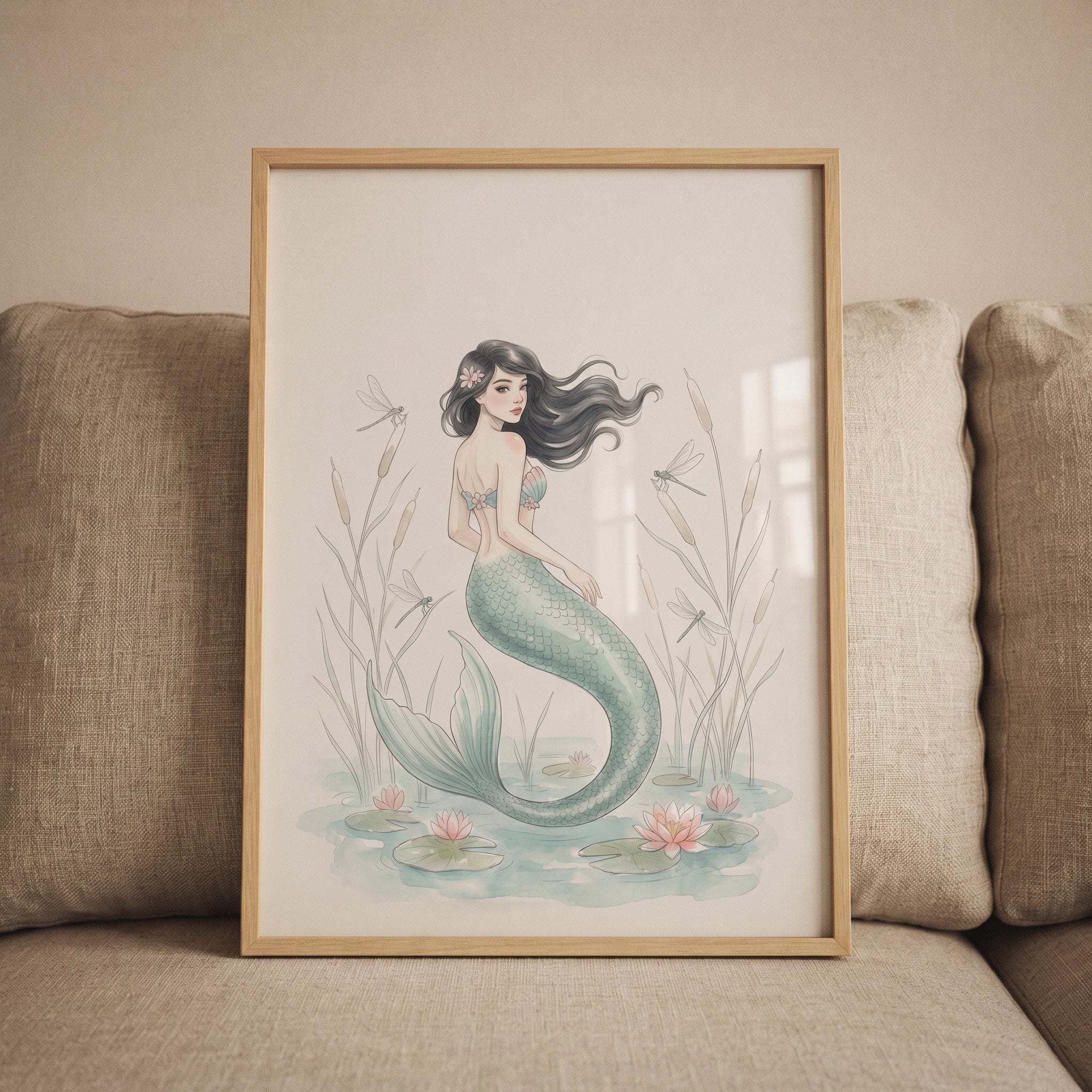 Ethereal Teal Tail Mermaid Wall Art - Lily Pond Mermaid
