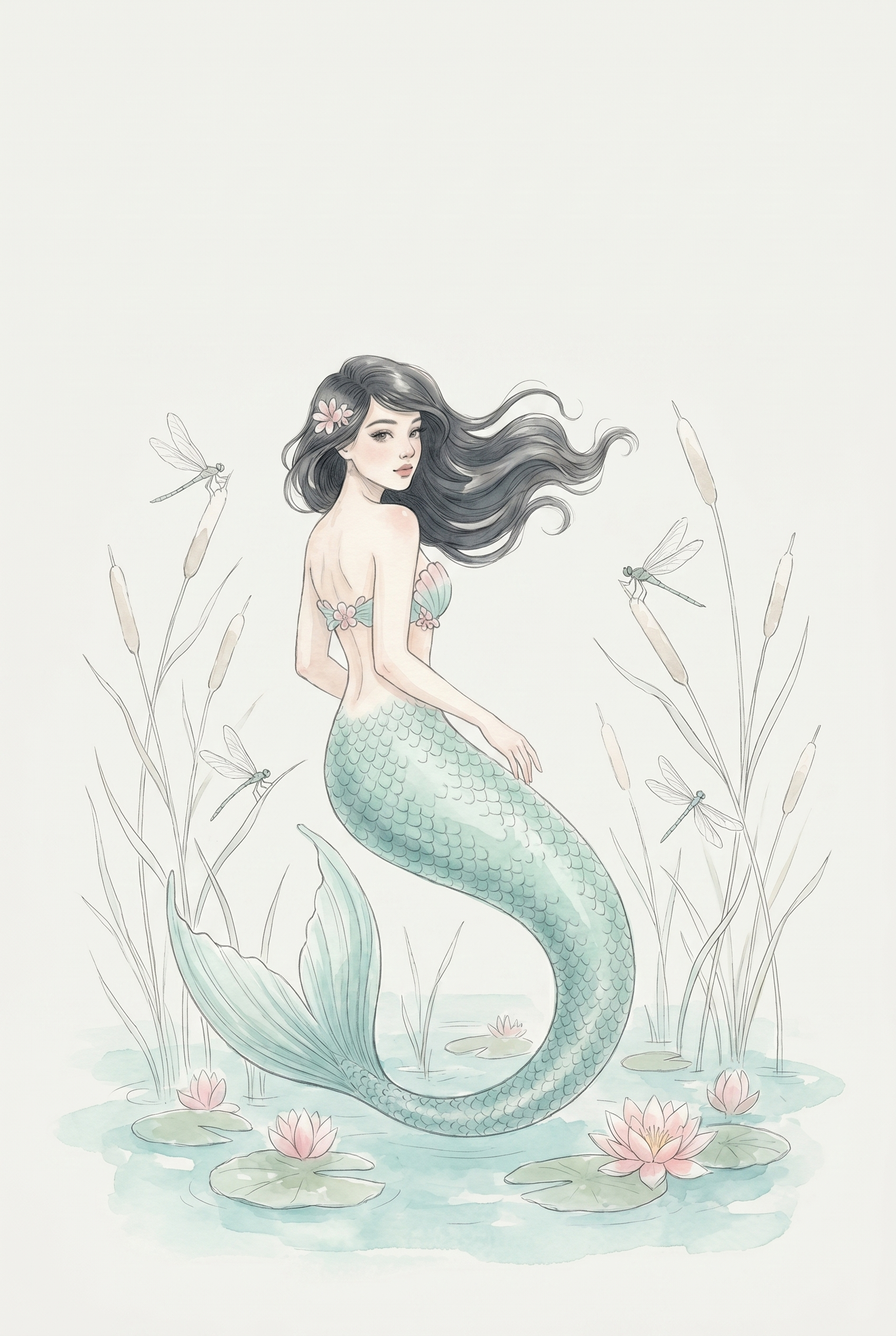 Ethereal Teal Tail Mermaid Wall Art - Lily Pond Mermaid