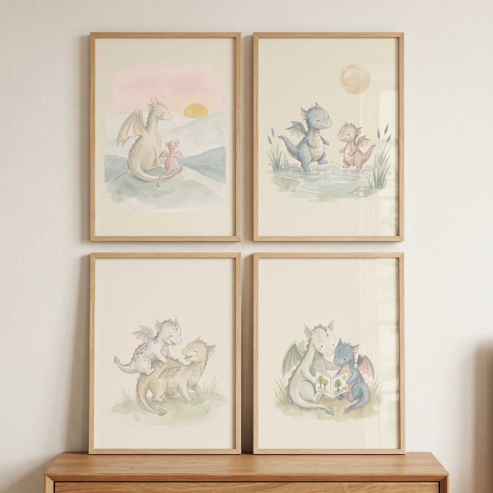 Ethereal watercolor baby dragon wall art set of 4 features cute mythical creatures in soft, whimsical pastel settings.