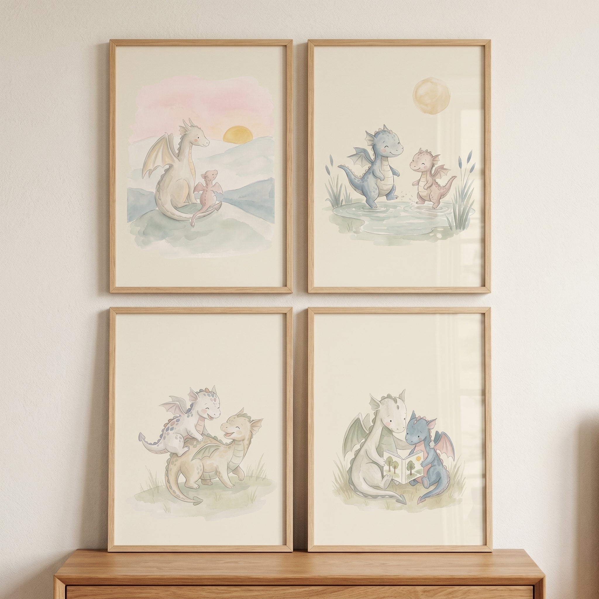 Ethereal Watercolor Baby Dragon Wall Art Set of 4 - Nursery Dragon Dreams