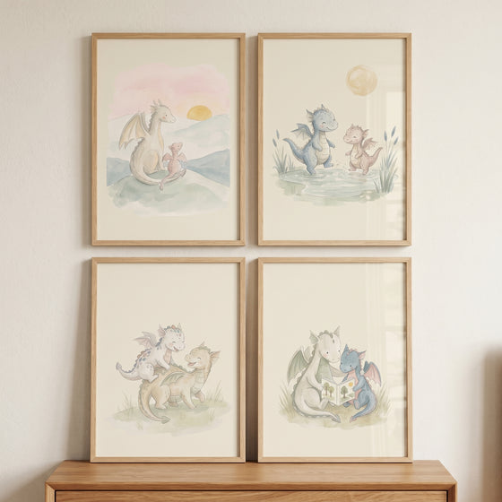 Ethereal watercolor baby dragon wall art set of 4 features cute mythical creatures in soft, whimsical pastel settings.