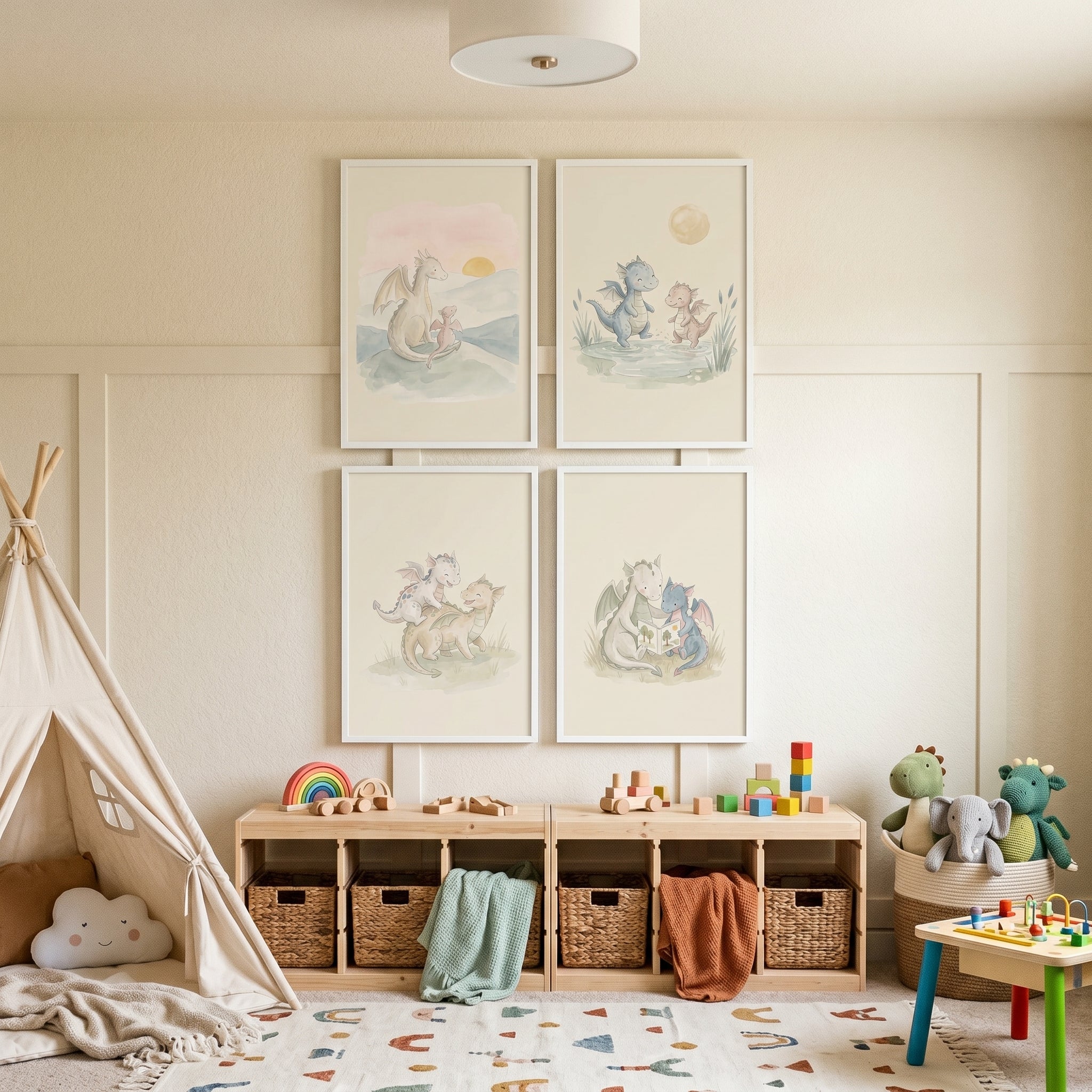 Ethereal Watercolor Baby Dragon Wall Art Set of 4 - Nursery Dragon Dreams