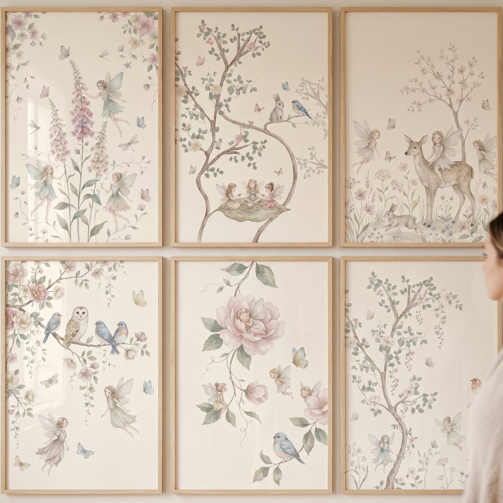 Ethereal watercolor garden fairy wall art set of 6 featuring forest animals and delicate flowers in soft pastel tones.