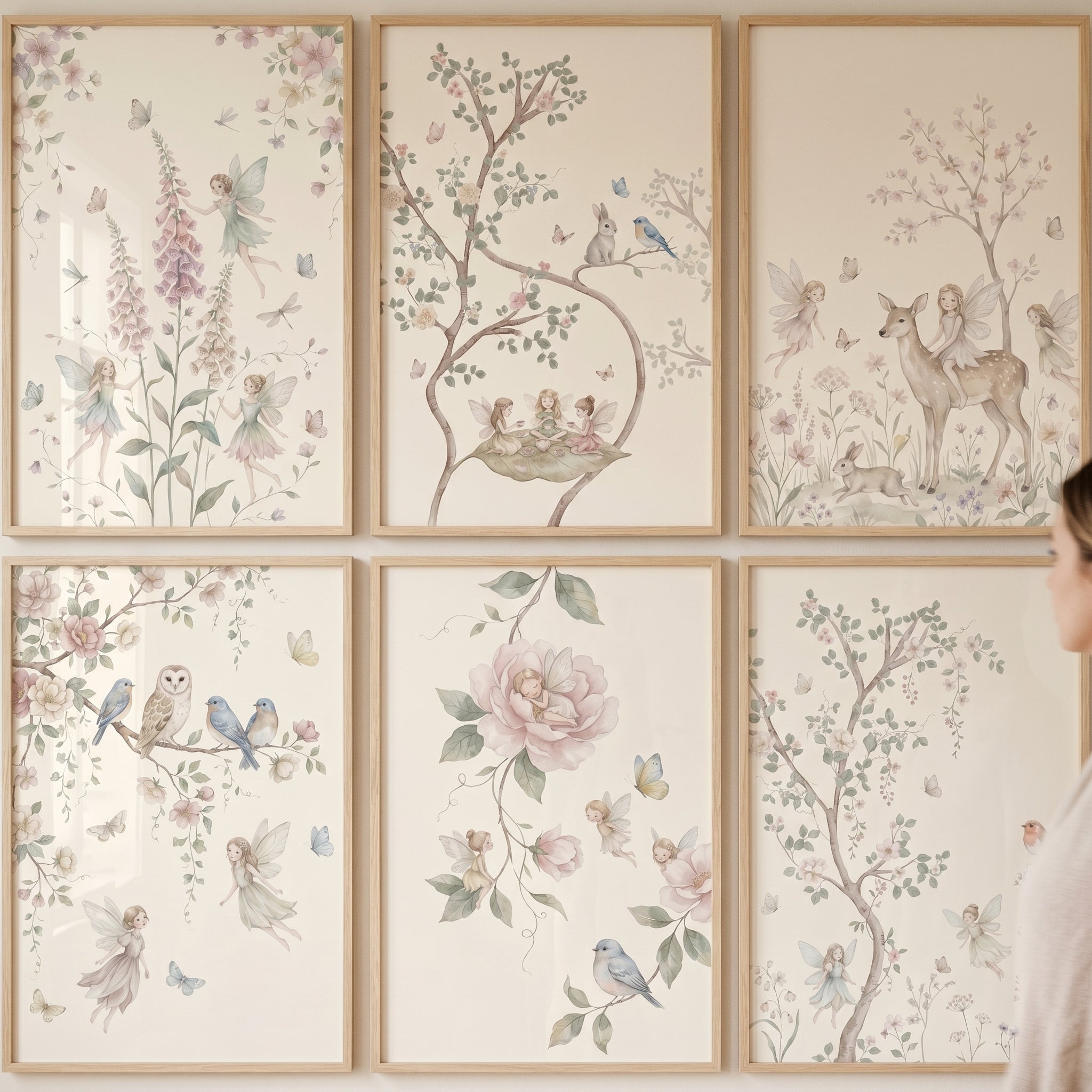 Ethereal Watercolor Garden Fairy Wall Art Set of 6 - Soft Woodland Magic