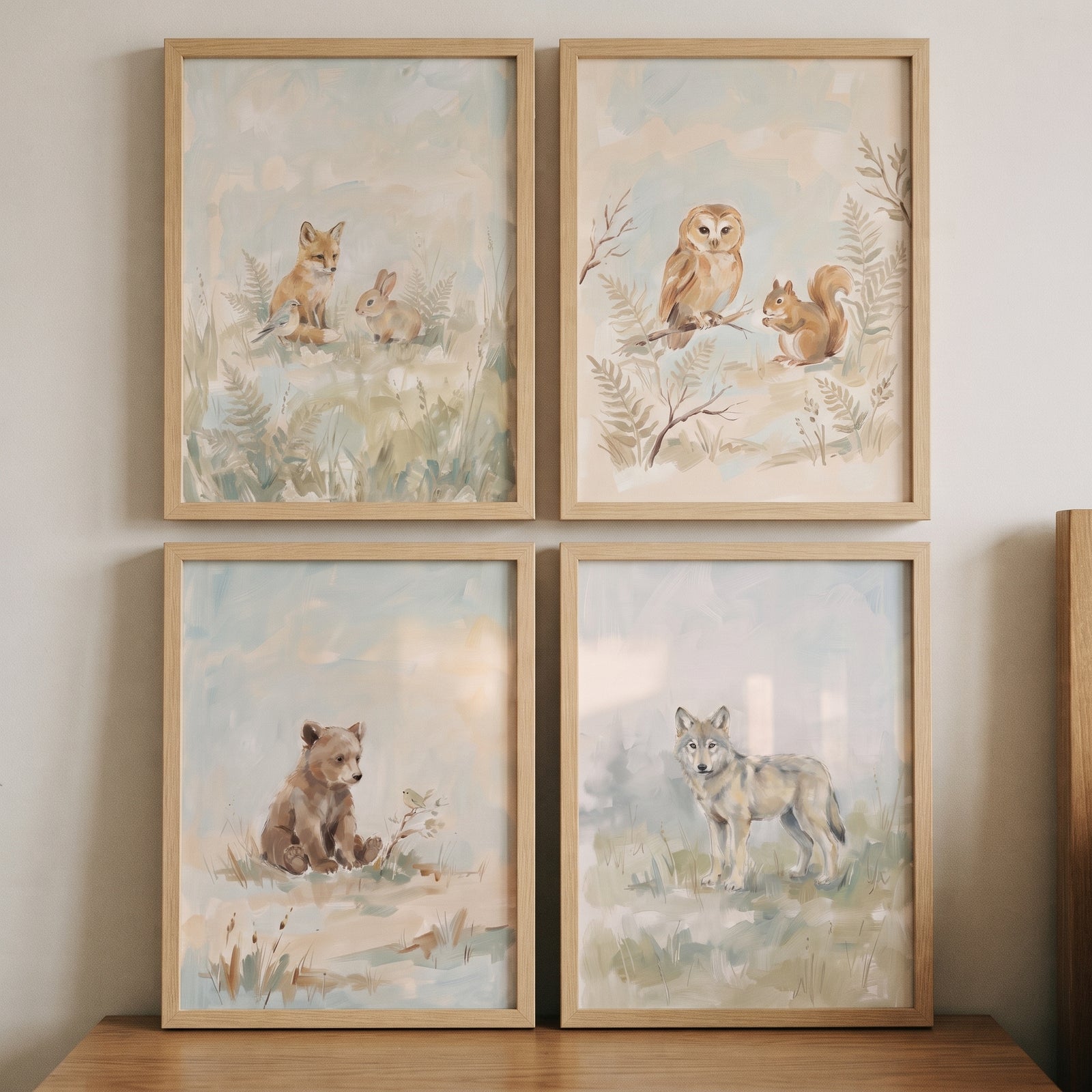 Ethereal watercolor woodland animals wall art set of 4 featuring a fox, rabbit, owl, squirrel, bear cub, and wolf.