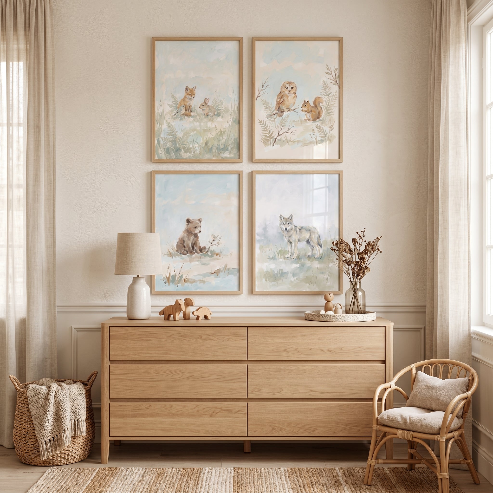 Ethereal Watercolor Woodland Animals Wall Art Set Of 4 - Pastel Forest Friends