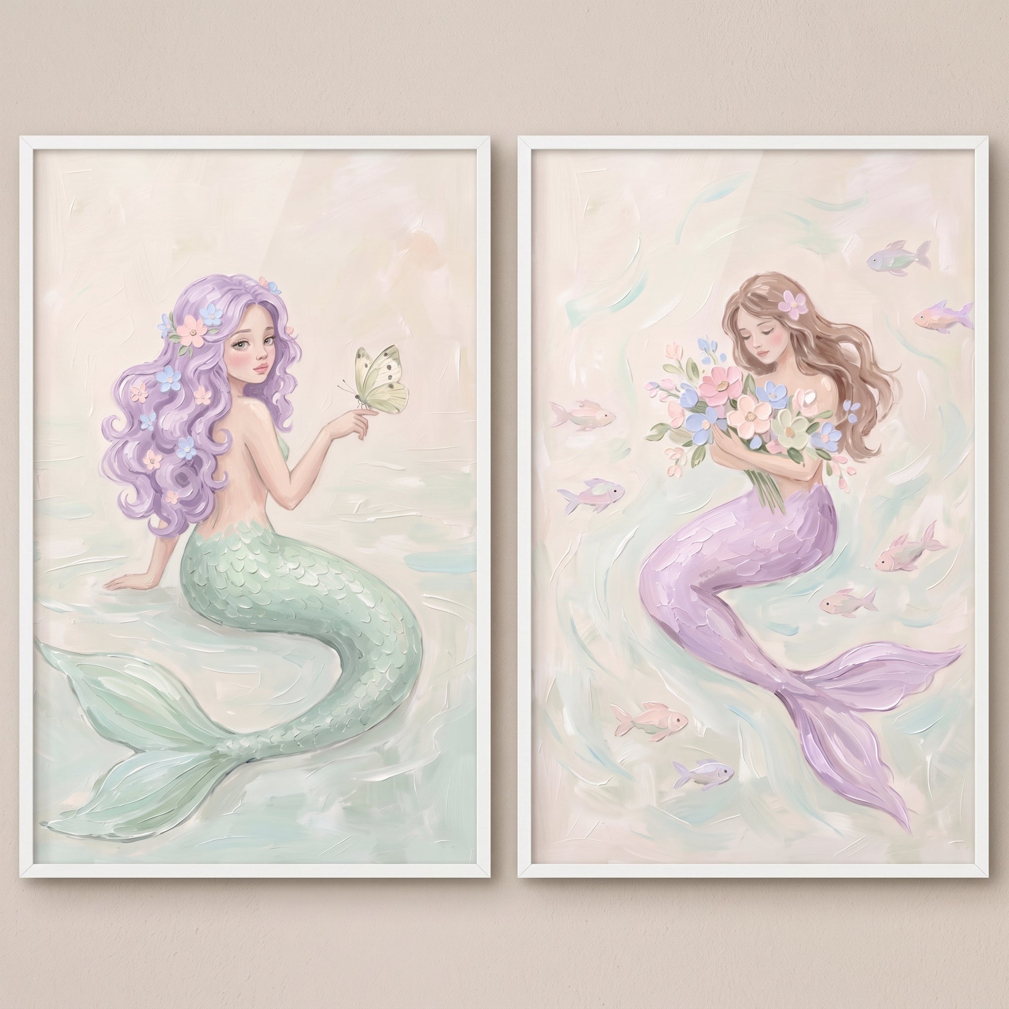 Ethereal Whimsical Mermaid Wall Art Set of 2 - Pastel Sea Maidens