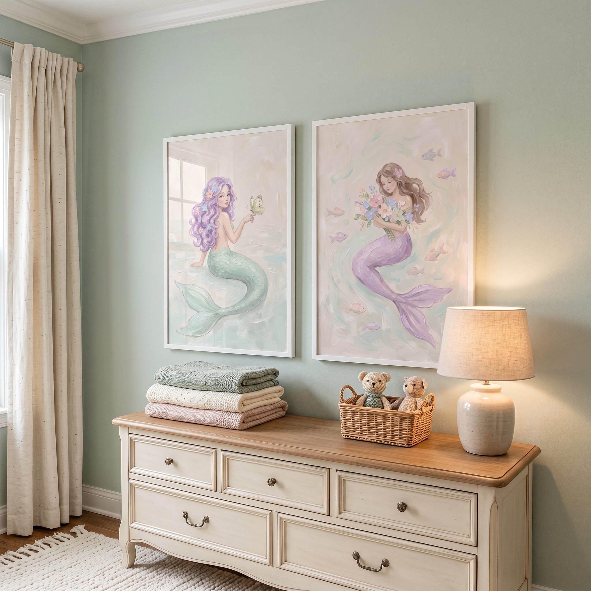 Ethereal Whimsical Mermaid Wall Art Set of 2 - Pastel Sea Maidens