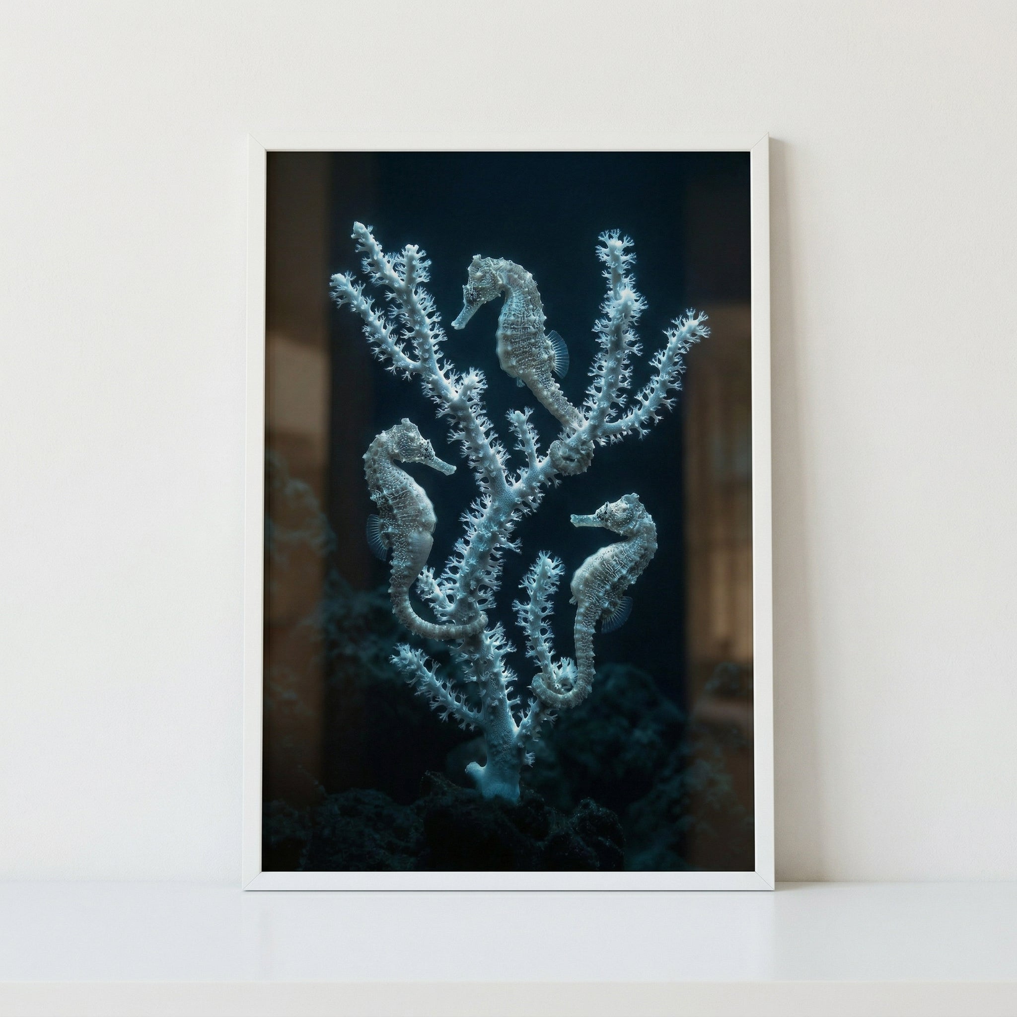 Ethereal White Coral Seahorse Wall Art - Midnight Sea Trio
