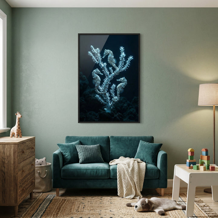 Cozy living room with a green sofa, soft throw blanket, and children’s toys nearby, styled against a muted green wall. Above the couch hangs a framed photograph of three seahorses clinging to delicate coral branches in a dark underwater scene, adding a calm ocean inspired focal point to the space.