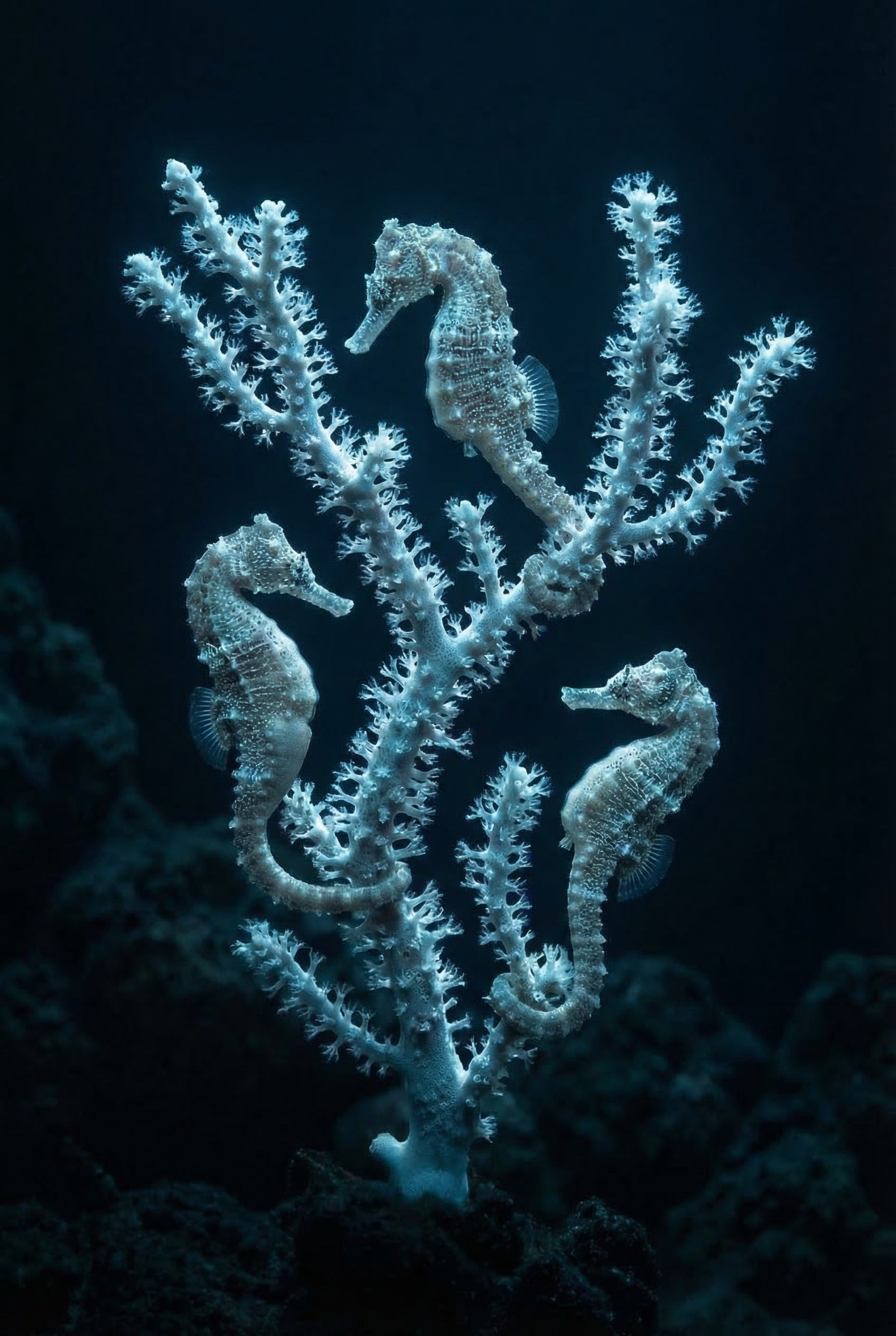 Ethereal White Coral Seahorse Wall Art - Midnight Sea Trio