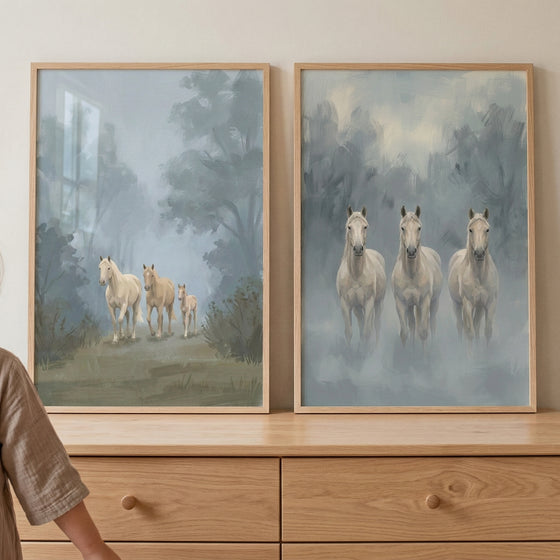 Two framed horse prints lean on a light wood dresser, with part of a person visible at the left edge for scale. One print shows three pale horses walking through a misty forest path, while the other shows three white horses standing side by side against a soft blue gray background.