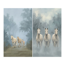 A two-panel digital illustration depicting horses in a misty environment. The left panel shows three cream-colored horses of varying sizes walking on a dirt path through a hazy forest. The right panel features three white horses standing together, facing forward as if emerging from a thick cloud of fog. Both scenes use soft textures and a muted color palette of blues, grays, and tans, creating a serene and ethereal mood.