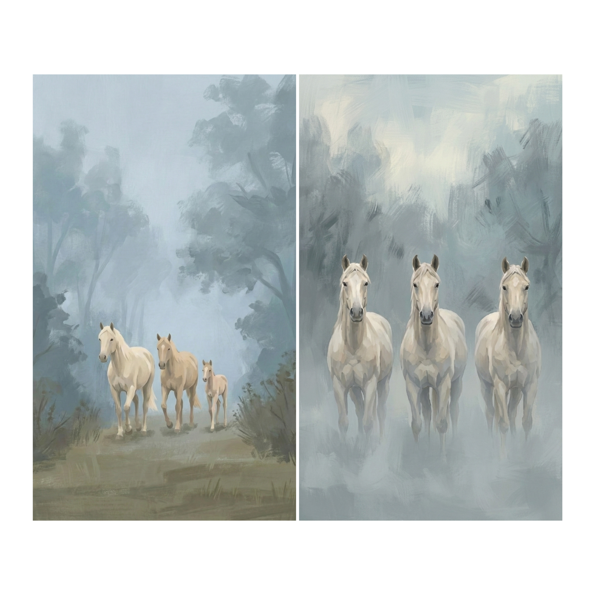 A two-panel digital illustration depicting horses in a misty environment. The left panel shows three cream-colored horses of varying sizes walking on a dirt path through a hazy forest. The right panel features three white horses standing together, facing forward as if emerging from a thick cloud of fog. Both scenes use soft textures and a muted color palette of blues, grays, and tans, creating a serene and ethereal mood.