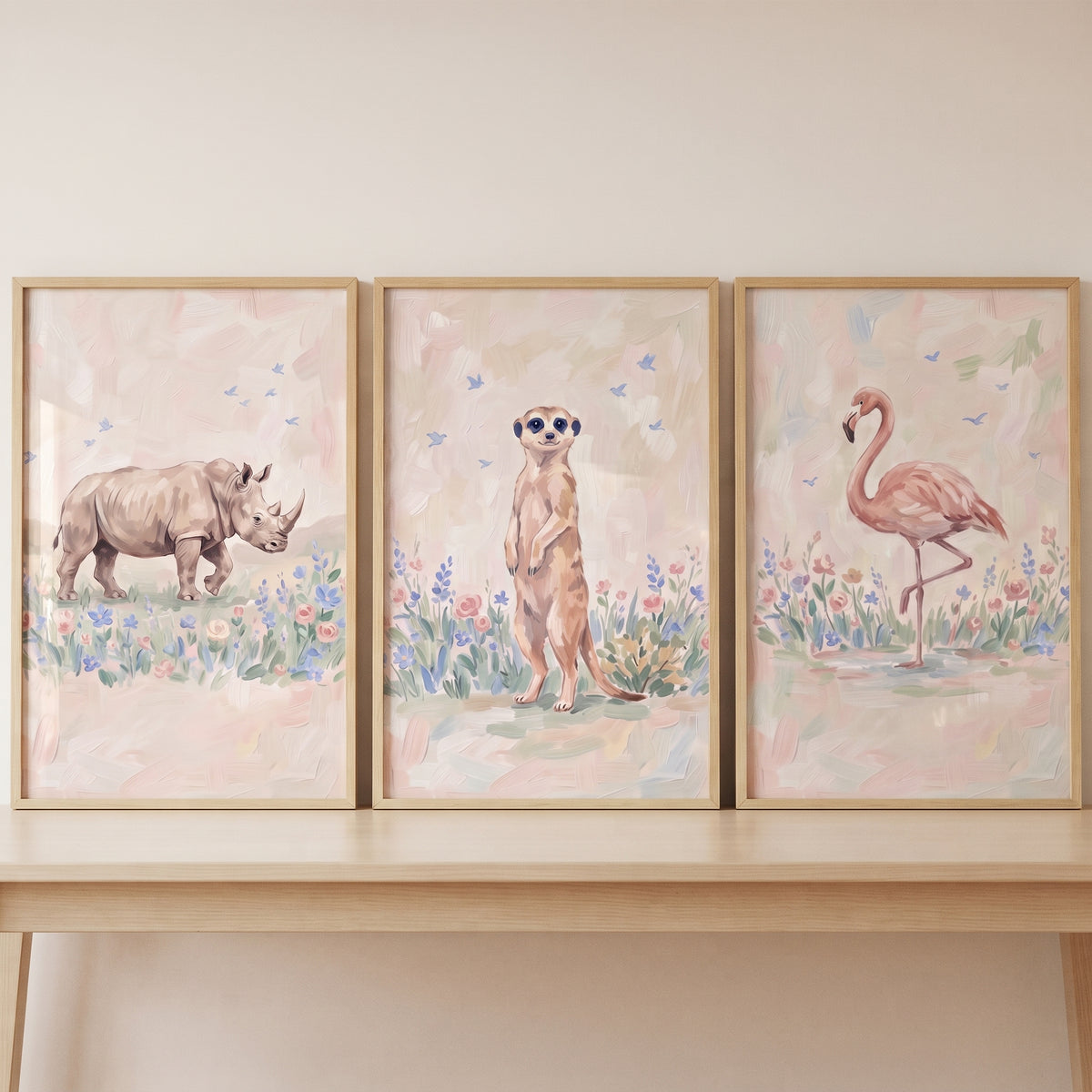 Ethereal wildflower savanna animals wall art set of 3 with a rhino, meerkat, and flamingo in soft floral settings.