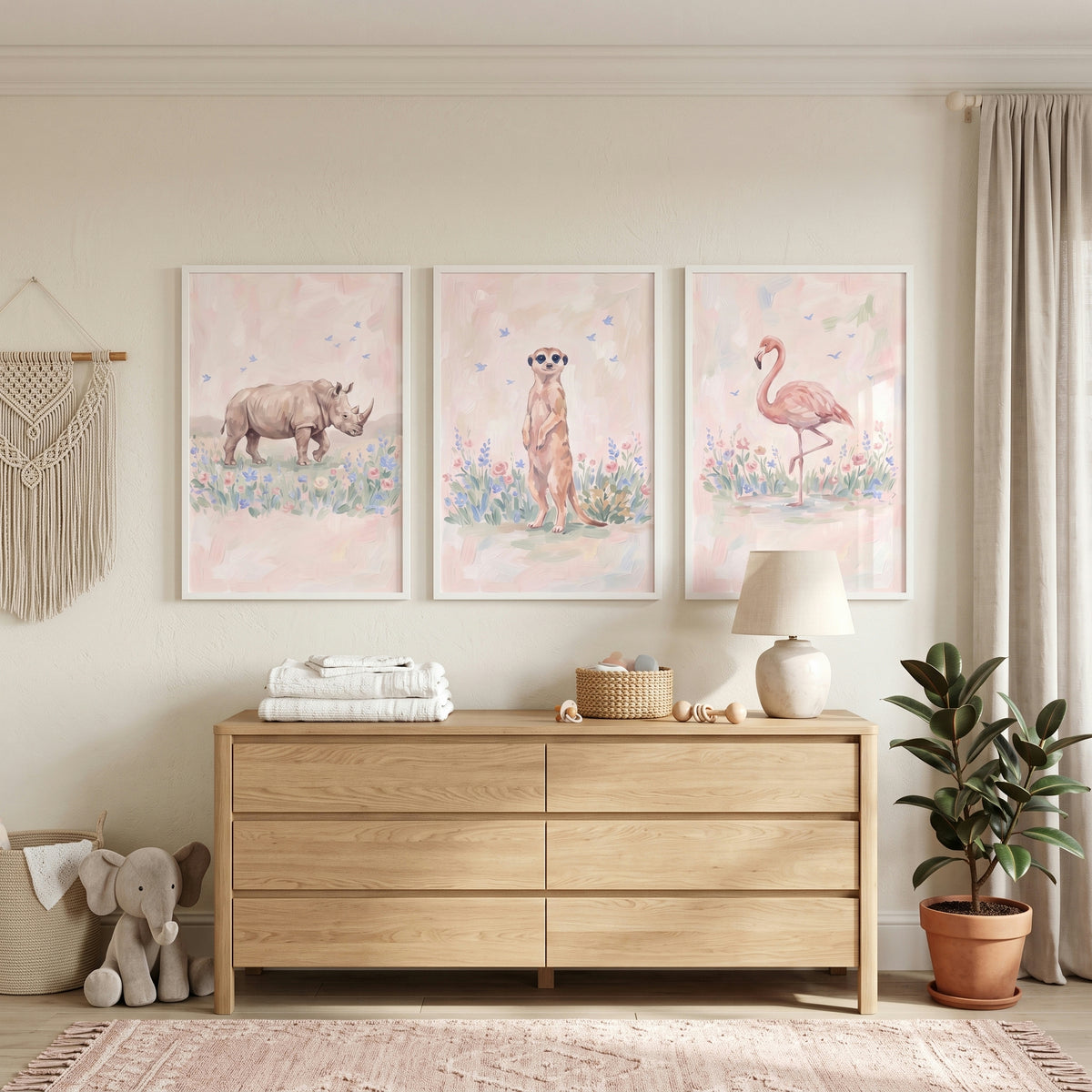 Ethereal Wildflower Savanna Animals Wall Art Set Of 3 - Whimsical Wild Trio