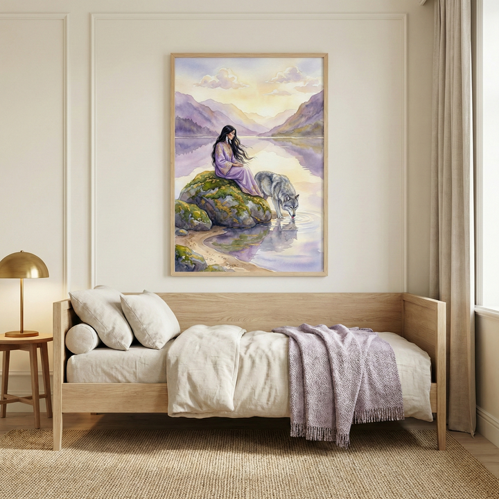 A cozy bedroom features a light wood daybed with cream bedding and a lavender throw. Above the bed, a large framed painting depicts a serene scene of a woman in a flowing purple dress sitting on a moss-covered rock by a tranquil lake, with a wolf drinking from the water nearby. A golden lamp and a woven rug complete the room's warm, inviting atmosphere.