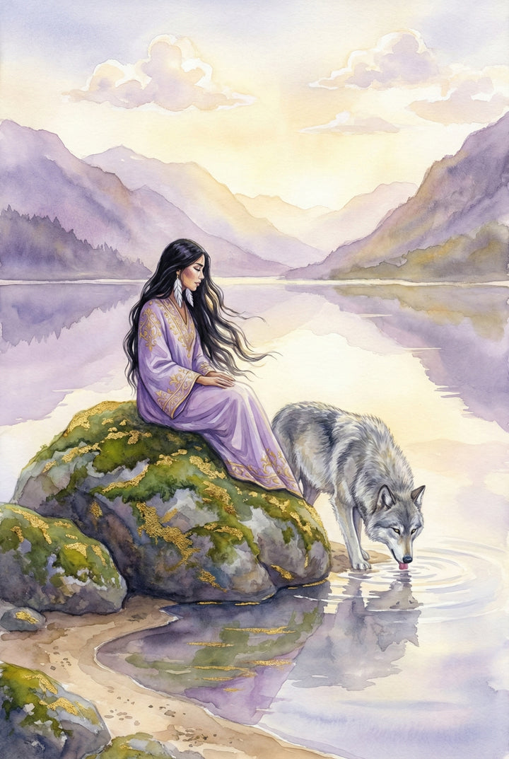 A watercolor illustration captures a serene moment by a lake at sunrise or sunset. A woman with long, dark hair and feather earrings sits atop a large, mossy rock. She is dressed in a lavender-colored gown with elegant gold embroidery. Beside her, a grey and white wolf leans down to drink from the calm water, creating soft ripples. The backdrop consists of layered, purple-toned mountains under a soft, glowing sky. The tranquil scene is reflected in the still surface of the lake.