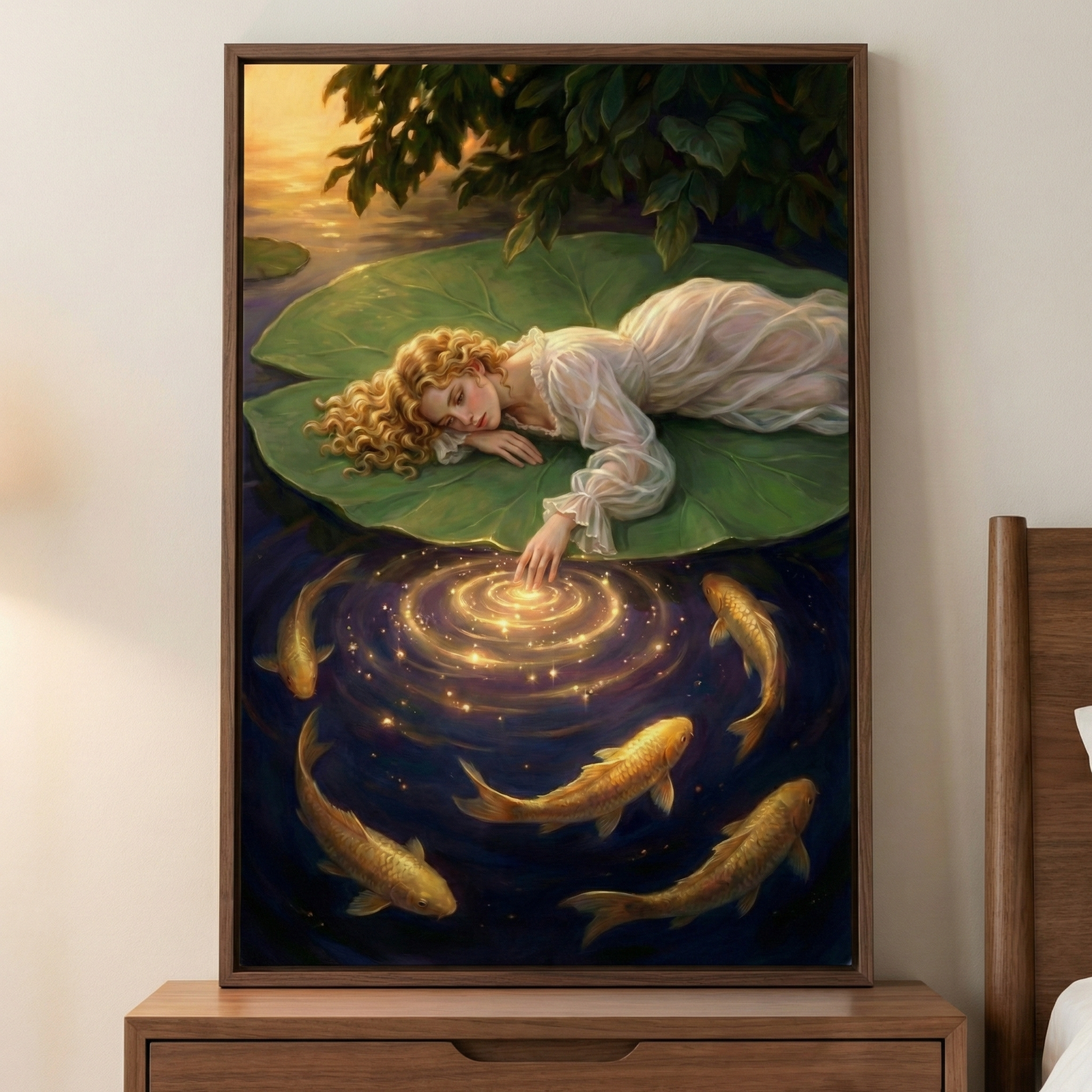An ethereal illustration shows a woman with curly blonde hair resting on a large lily pad. Wearing a flowing white dress, she reaches down to touch the dark water. From her fingertip, a glowing golden ripple of light spreads out. Five golden fish swim in a circle around this magical center. Lush green leaves frame the top of the scene, and the soft light of a setting sun glows on the water’s surface, creating a tranquil, whimsical atmosphere.