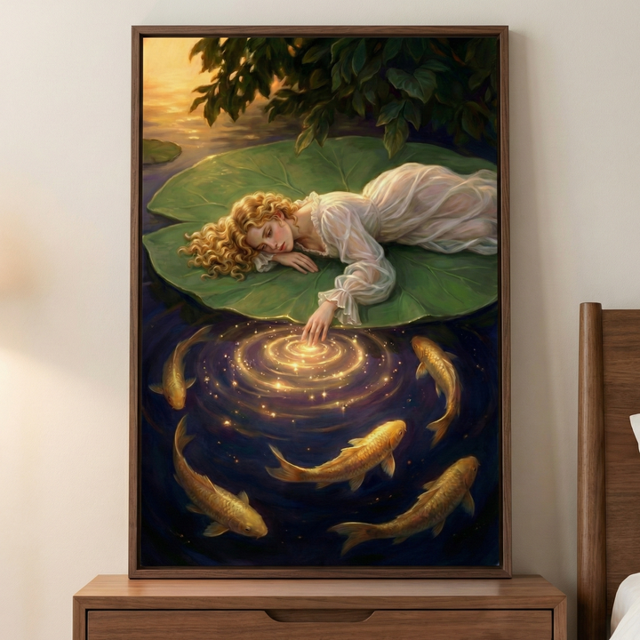 An ethereal illustration shows a woman with curly blonde hair resting on a large lily pad. Wearing a flowing white dress, she reaches down to touch the dark water. From her fingertip, a glowing golden ripple of light spreads out. Five golden fish swim in a circle around this magical center. Lush green leaves frame the top of the scene, and the soft light of a setting sun glows on the water’s surface, creating a tranquil, whimsical atmosphere.