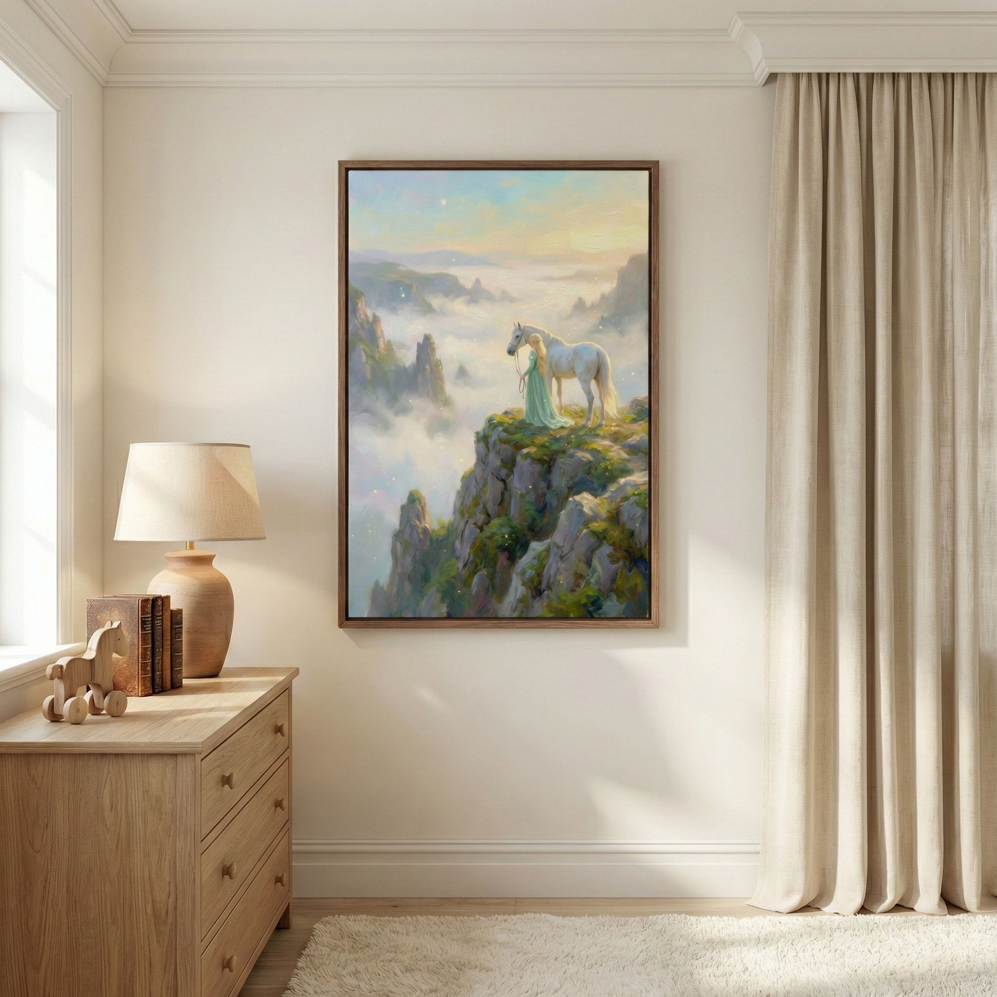 A bright, minimalist room features a framed vertical illustration on a cream wall. The artwork depicts a woman in a light-green dress and a white horse on a cliff overlooking mist-covered mountains under a golden sky. To the left, a wooden dresser holds a lamp, books, and a wooden horse toy. To the right, floor-to-ceiling beige curtains hang by a window. The scene is completed with a plush white rug and soft natural light, creating a serene and airy atmosphere.