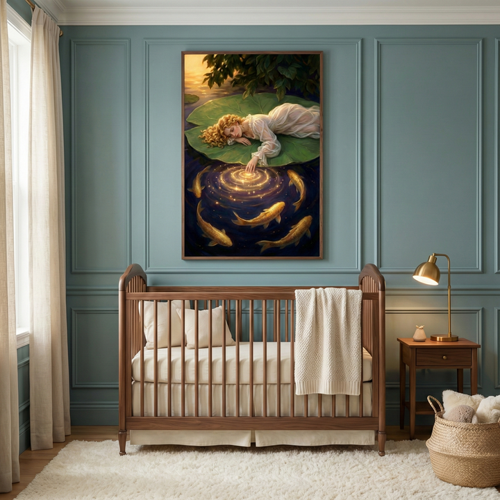 A vertical framed illustration hangs on a dusty blue wall with decorative paneling above a dark wood crib. The artwork depicts a woman with long blonde hair in a flowing white dress lying on a giant green lily pad. She touches the dark water, creating glowing golden ripples as golden fish swim in a circle around her hand. The nursery includes a plush white rug, a window with sheer curtains, and a wooden side table with a gold lamp and a small bird figurine.