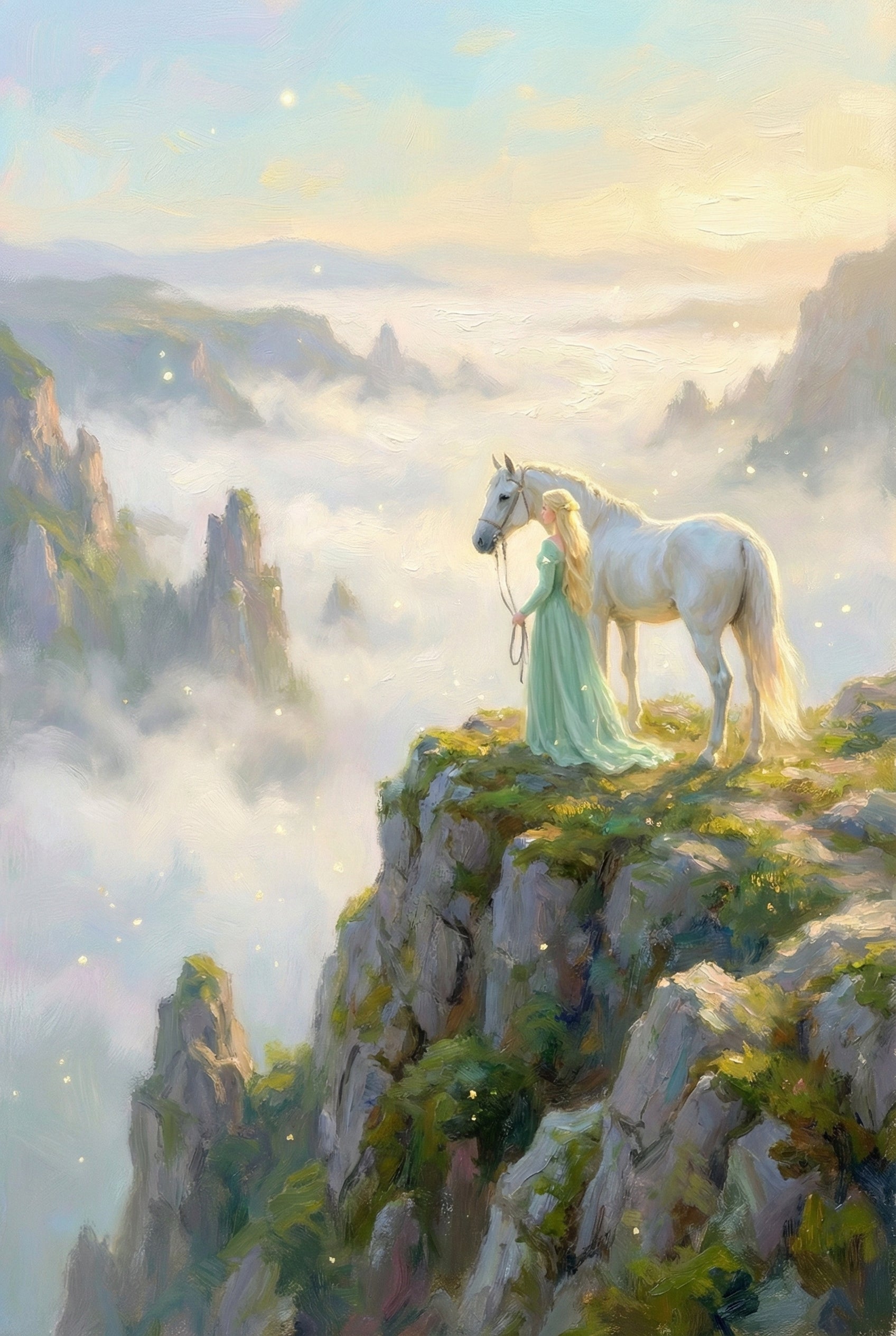 An ethereal artwork features a woman with long blonde hair in a flowing mint-green dress standing on a jagged cliff edge. Next to her, a white horse stands calmly. They overlook a mountain landscape blanketed in a thick sea of clouds. A soft golden light from the horizon illuminates the sky, and tiny glowing particles drift through the air. The scene is rendered with delicate, visible brushstrokes, creating a peaceful and dreamy fantasy atmosphere.