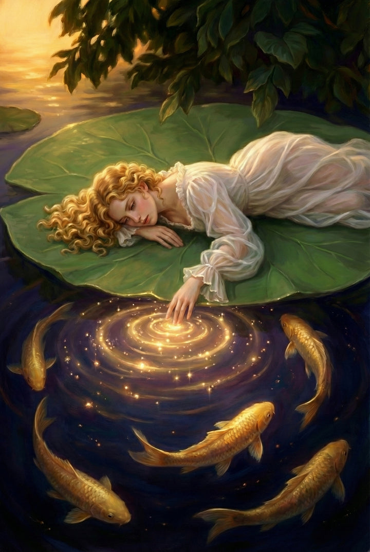 A serene illustration shows a fair-skinned woman with long, curly blonde hair lying across a massive green lily pad. She wears a flowing, semi-sheer white gown. One hand rests on the leaf while the other touches the water's surface, creating a radiant golden spiral of light and shimmering ripples. Five golden fish swim in a circular pattern around the glowing light. In the background, soft light filters through dark leaves over the calm water.