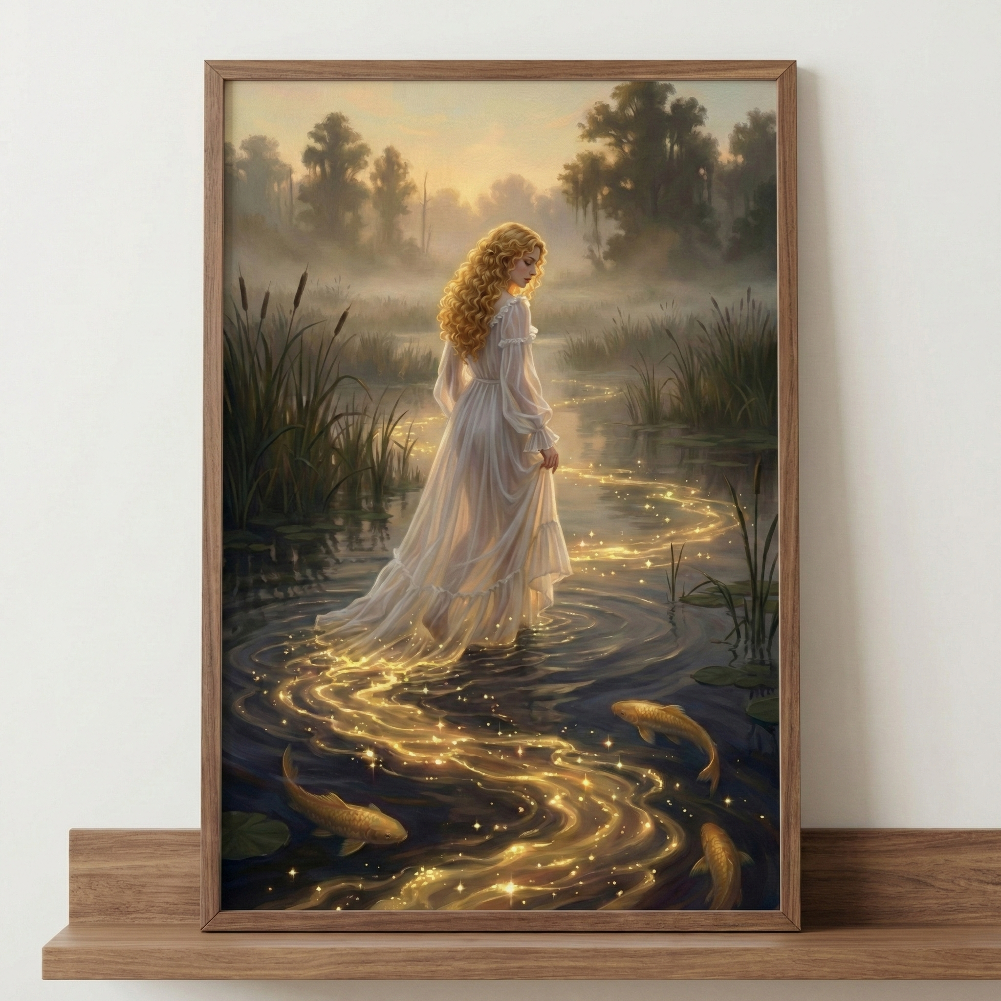 A framed illustration on a wooden shelf depicts a woman with long, golden, curly hair walking through a misty marsh. She wears a flowing, white, ruffled gown. A luminous, sparkling trail of golden light flows from her through the dark water. Several golden fish swim around the glowing path. The background features silhouetted trees in a soft, hazy sunset light. Reeds and lily pads are scattered in the marsh. The image is held in a simple, thin wooden frame against a plain wall.