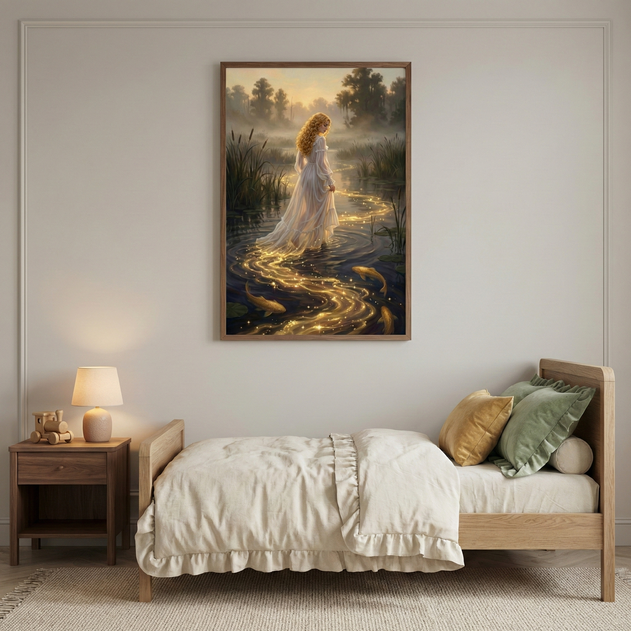 A minimalist bedroom featuring a wooden bed with light-colored ruffled bedding and a large framed artwork on the wall. The art shows a woman in a white dress walking through a mystical body of water filled with glowing golden swirls and fish. The background is a misty forest at sunset. Beside the bed is a wooden nightstand with a small lamp. The room has neutral-toned walls with thin molding and a woven rug on the floor.