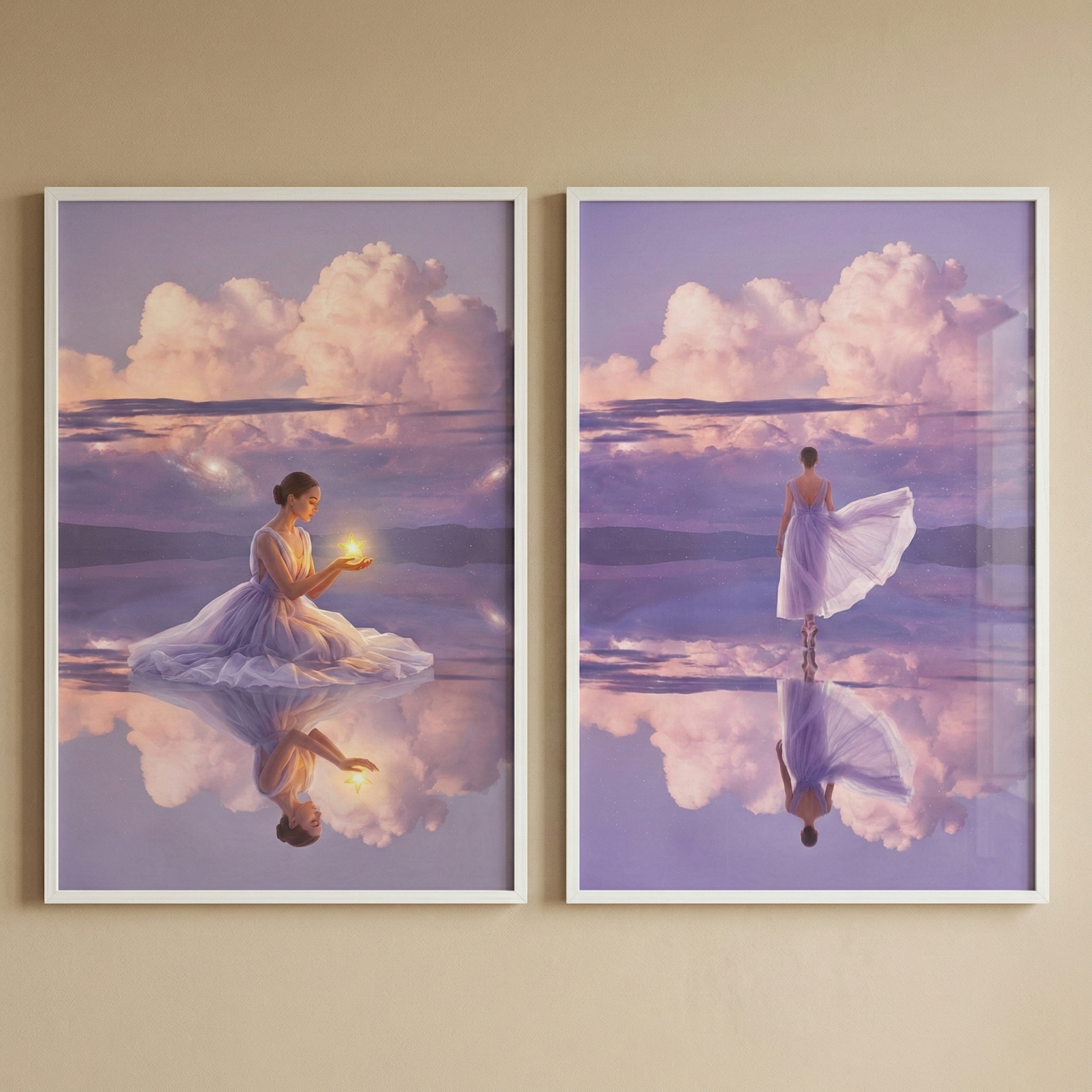 Two vertical, white-framed art pieces hang side-by-side on a neutral wall. Both illustrate an ethereal scene in a dreamlike purple and pink palette. In the left piece, a woman in a flowing lavender dress sits on a mirror-like water surface, holding a small glowing light. In the right piece, she is seen from behind, walking away with her dress billowing. Both scenes feature a vast sky with soft, puffy clouds, all perfectly reflected in the still water below.