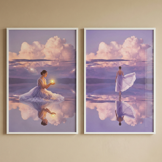 Two vertical, white-framed art pieces hang side-by-side on a neutral wall. Both illustrate an ethereal scene in a dreamlike purple and pink palette. In the left piece, a woman in a flowing lavender dress sits on a mirror-like water surface, holding a small glowing light. In the right piece, she is seen from behind, walking away with her dress billowing. Both scenes feature a vast sky with soft, puffy clouds, all perfectly reflected in the still water below.
