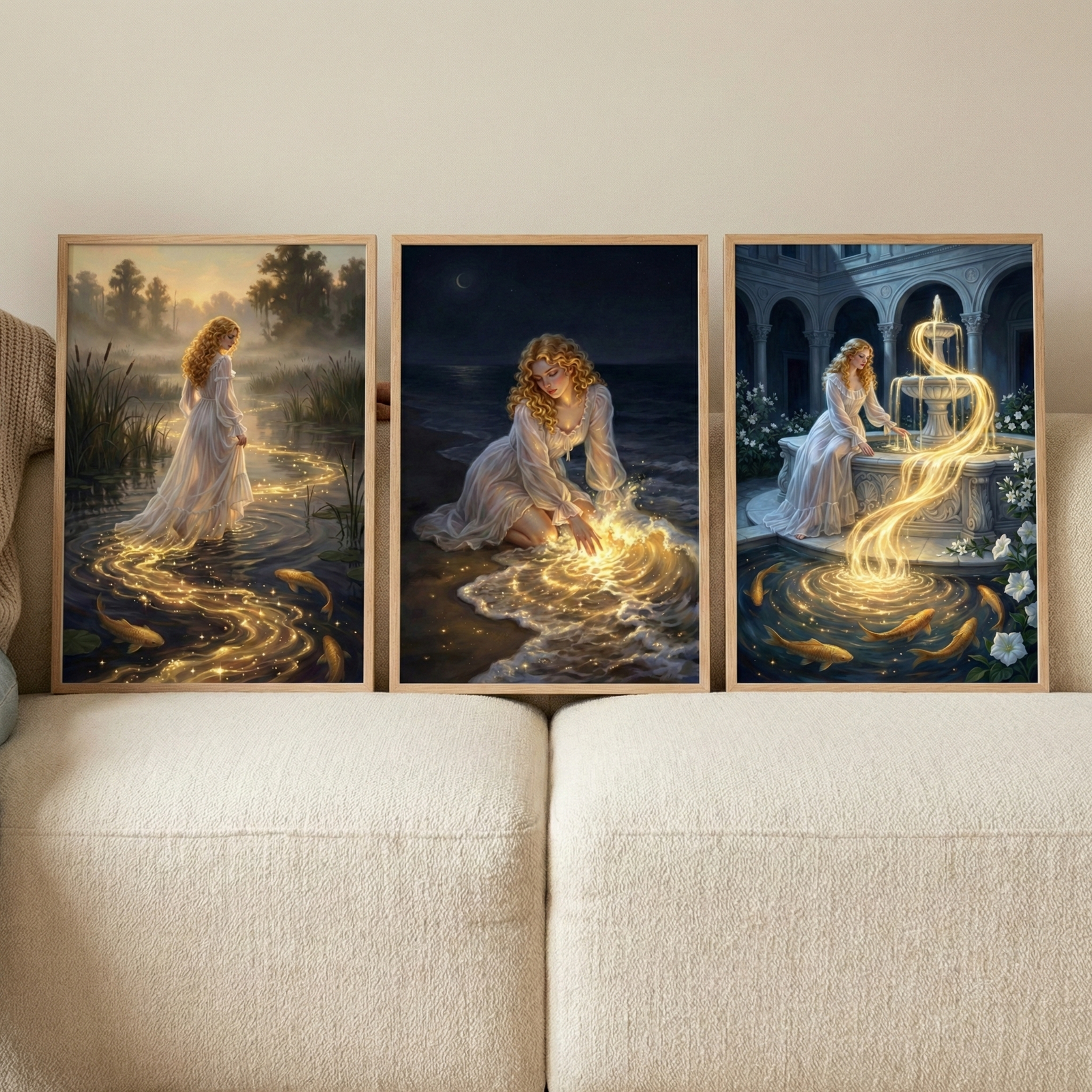 Three framed vertical art pieces hang above a cream sofa. Each illustrates a woman with golden hair in a white dress within a magical setting. In the left piece, she walks through a misty pond trailed by glowing golden light and fish. The center piece shows her on a moonlit beach, where golden light radiates from her hands into the waves. The right piece depicts her by a stone fountain with spiraling golden light flowing into a pool of fish. Each piece is set in a light wood frame.