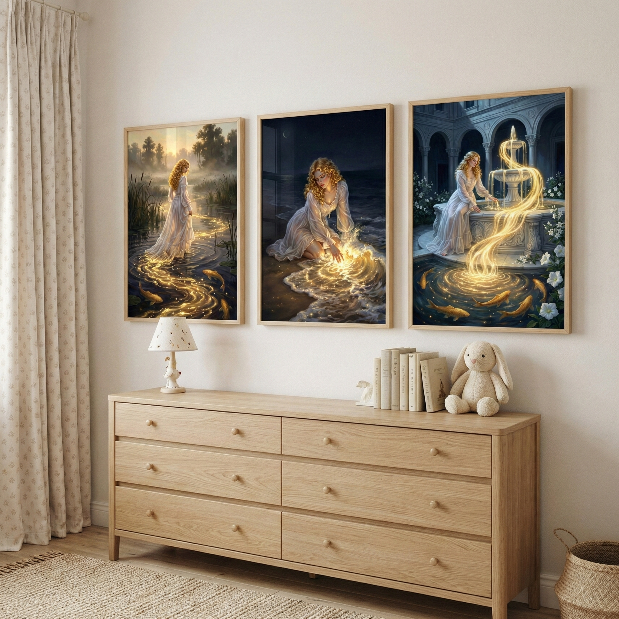 Ethereal Woman Playroom Wall Art Set of 3 - Gilded Water Paths