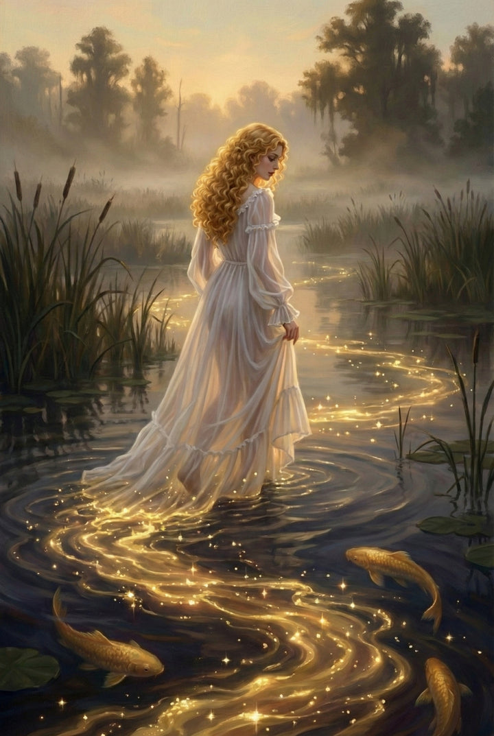 A fantasy illustration of a woman with voluminous, curly blonde hair standing in a misty marshland at twilight. She wears a flowing, translucent white gown with ruffles. Behind her, a trail of shimmering golden light and sparkles swirls in the dark water. Three golden fish swim near her feet among lily pads and tall reeds. The background features a soft, hazy forest under a warm, glowing sky. The scene has an ethereal, magical atmosphere with soft lighting throughout.