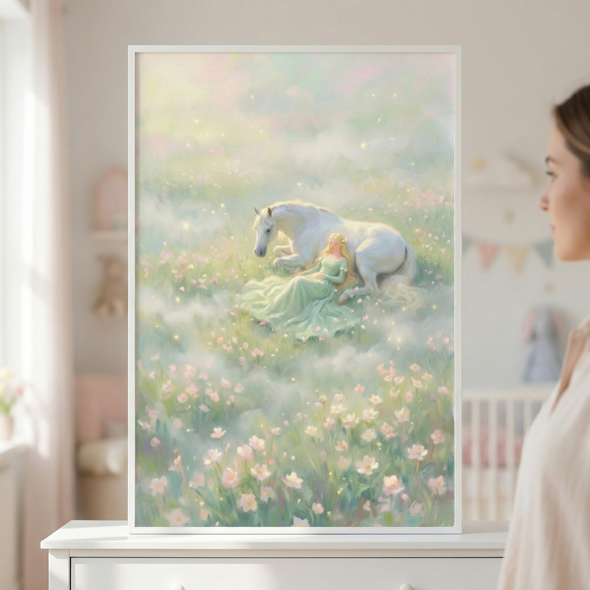 This framed illustration displays a tranquil and ethereal scene. In the center of the composition, a woman with long blonde hair, dressed in a flowing, pale green gown, rests peacefully beside a large, white horse. They are both lying in a lush field filled with small pink and white flowers. 

