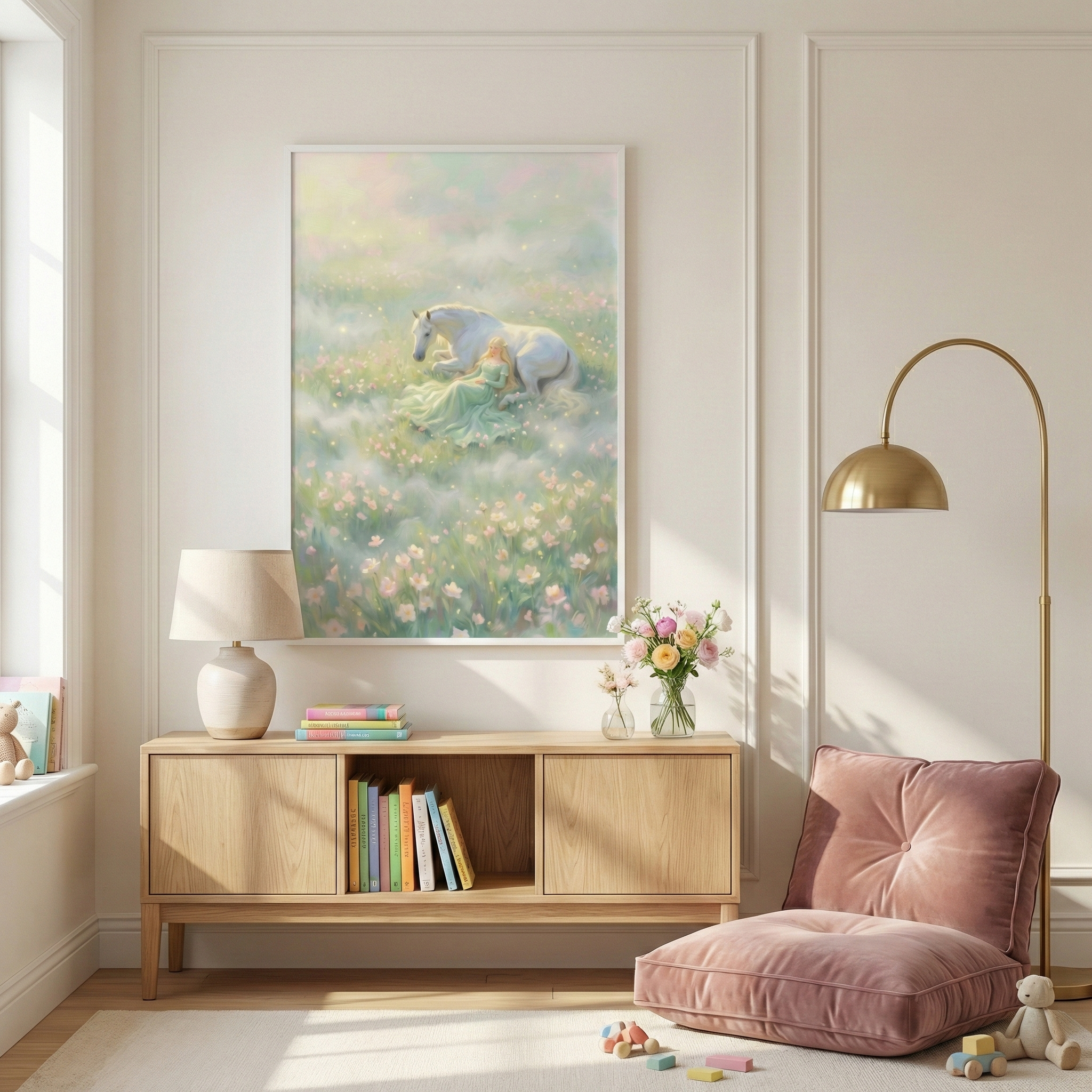 A bright and serene interior features a soft pastel color palette, creating a peaceful and whimsical atmosphere. Centered on a cream-colored wall with elegant molding is a large, vertical piece of art housed in a thin white frame. This illustration depicts a dreamlike scene of a figure in a light green, flowing dress reclining in a meadow of soft-toned flowers next to a white horse.