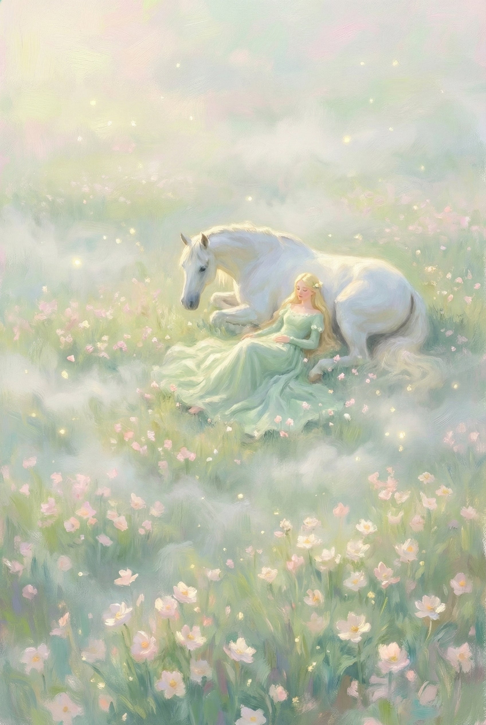 A soft painterly portrait of a blonde woman with long flowing hair adorned with small white flowers. Golden light and delicate sparkles surround her against a muted green background, giving the image a dreamy fairytale feel.
