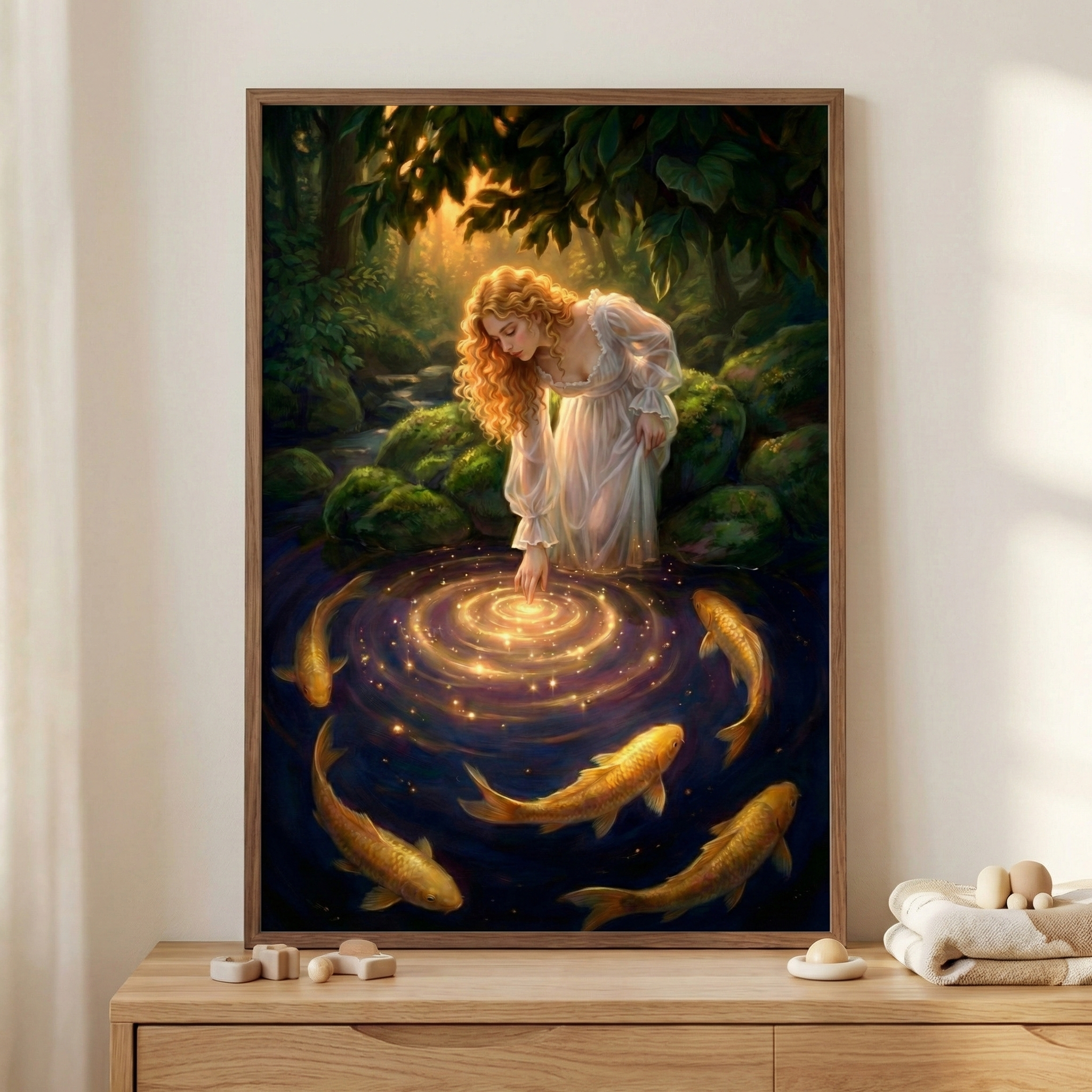 Framed fantasy wall art of a golden haired woman in a flowing white dress leaning over a forest stream, touching the water as it glows in swirling rings of light around her hand. Several golden koi fish circle beneath the sparkling surface, creating a magical woodland scene that adds warmth and storybook charm to a softly styled nursery or bedroom.