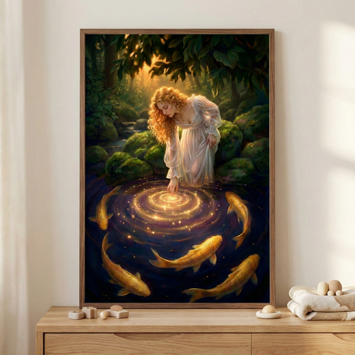 Framed fantasy wall art of a golden haired woman in a flowing white dress leaning over a forest stream, touching the water as it glows in swirling rings of light around her hand. Several golden koi fish circle beneath the sparkling surface, creating a magical woodland scene that adds warmth and storybook charm to a softly styled nursery or bedroom.