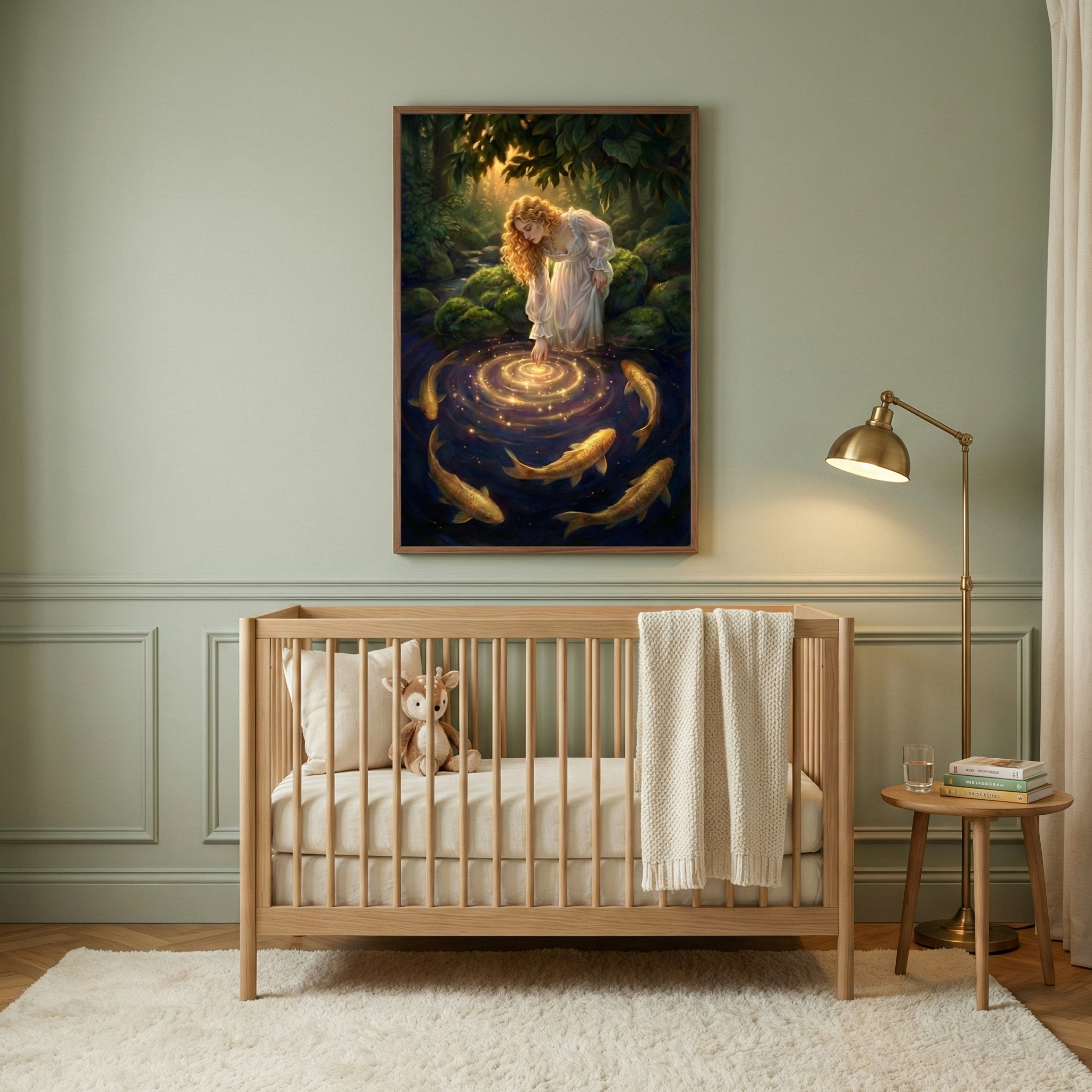 A nursery features a light wood crib against a sage green wall with paneling. Above the crib hangs a vertical framed artwork showing a woman with long hair in a white gown reaching into a luminous pool of water in a forest. Golden fish circle the glowing ripples. A small plush animal and a white knit blanket are in the crib. To the right, a brass floor lamp stands next to a wooden side table holding books and a glass of water. A white textured rug lies on the floor.