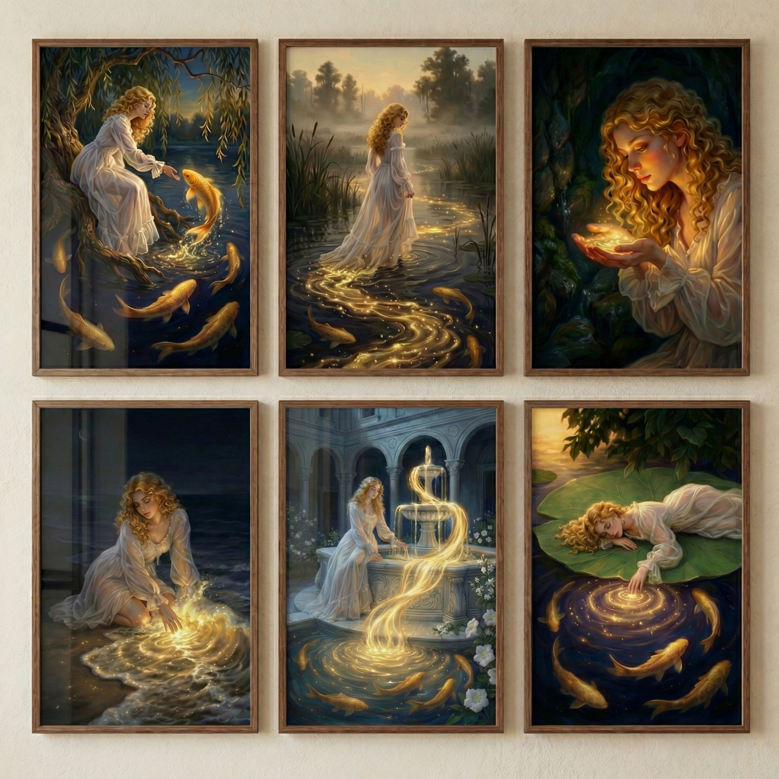 Six framed fantasy art prints displayed in two rows of three on a neutral wall. Each painting features a woman in a flowing white dress interacting with glowing golden water and koi fish, including moonlit river scenes, a luminous fountain, and a peaceful moment resting on a large lily pad.