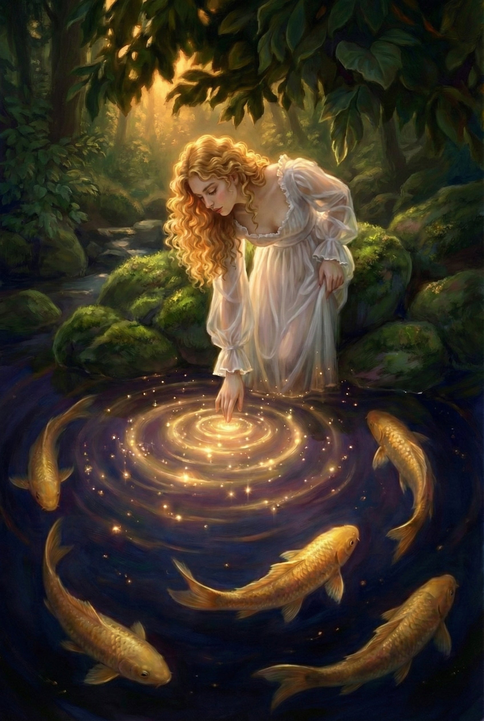 A mystical fantasy illustration features a woman with long, curly golden hair and a flowing white dress leaning over a dark forest pond. Her fingertip touches the water, creating glowing, golden ripples that illuminate the surface. Five shimmering golden fish swim in a circle around the light. The scene is set in a lush, sun-drenched woodland with mossy rocks and thick green foliage, creating a serene and magical atmosphere.