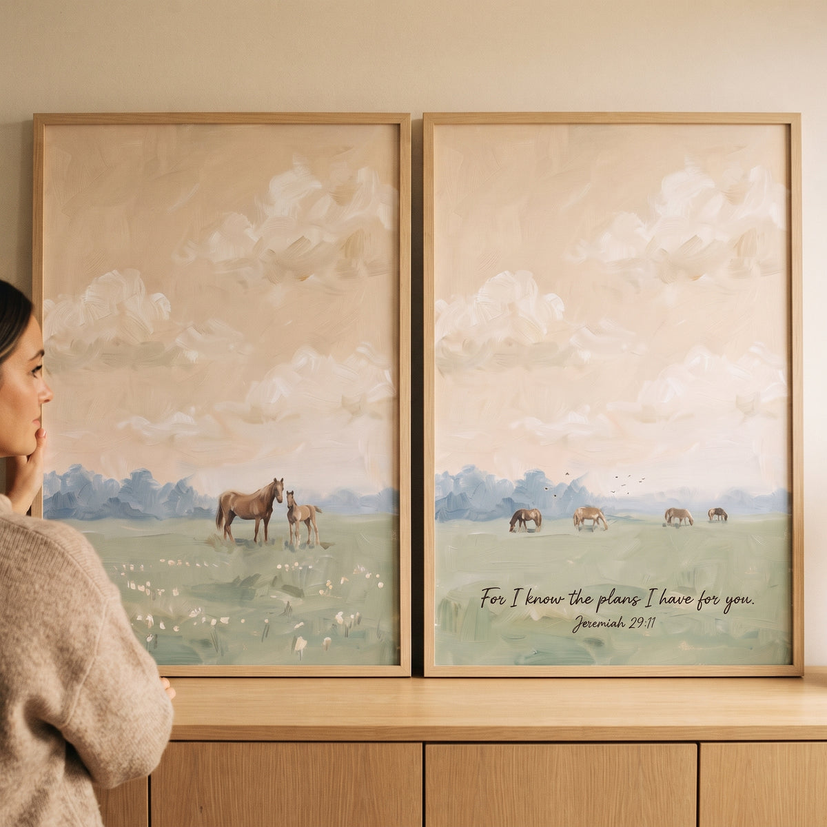 European farmhouse meadow horse wall art set of 2 with horses in a field under a cloudy sky and a Bible verse.