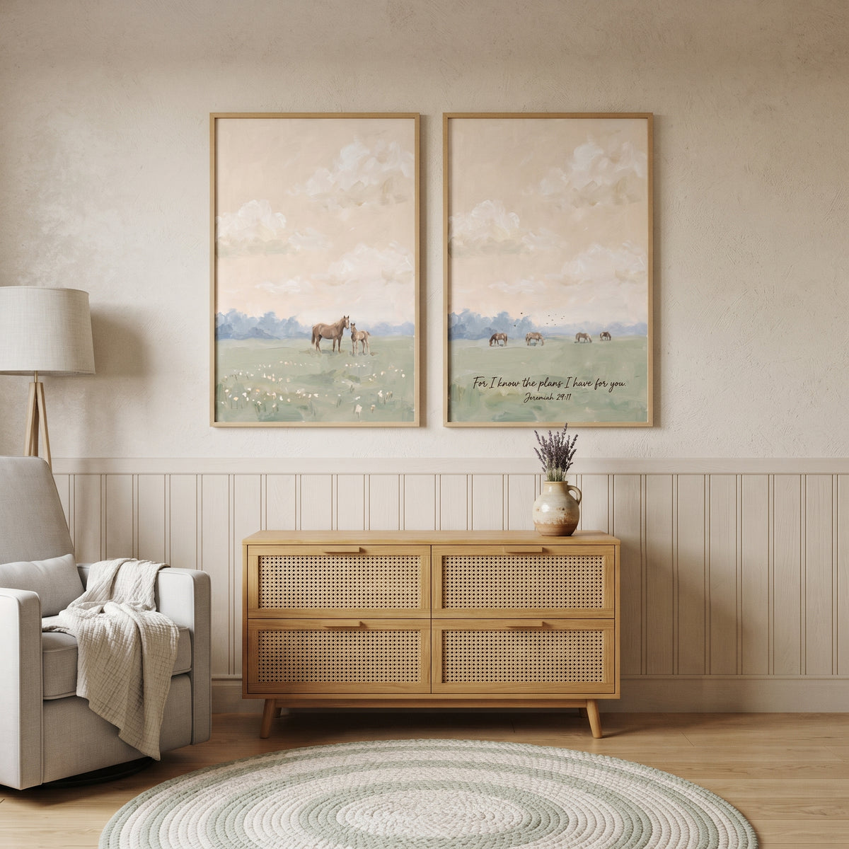 European Farmhouse Meadow Horse Wall Art Set Of 2 - Serene Meadow Grace