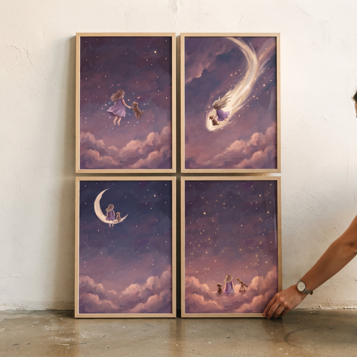 Evening wisteria girl puppy wall art set of 4 depicts a girl and dog exploring a starry sky with a moon and telescope.