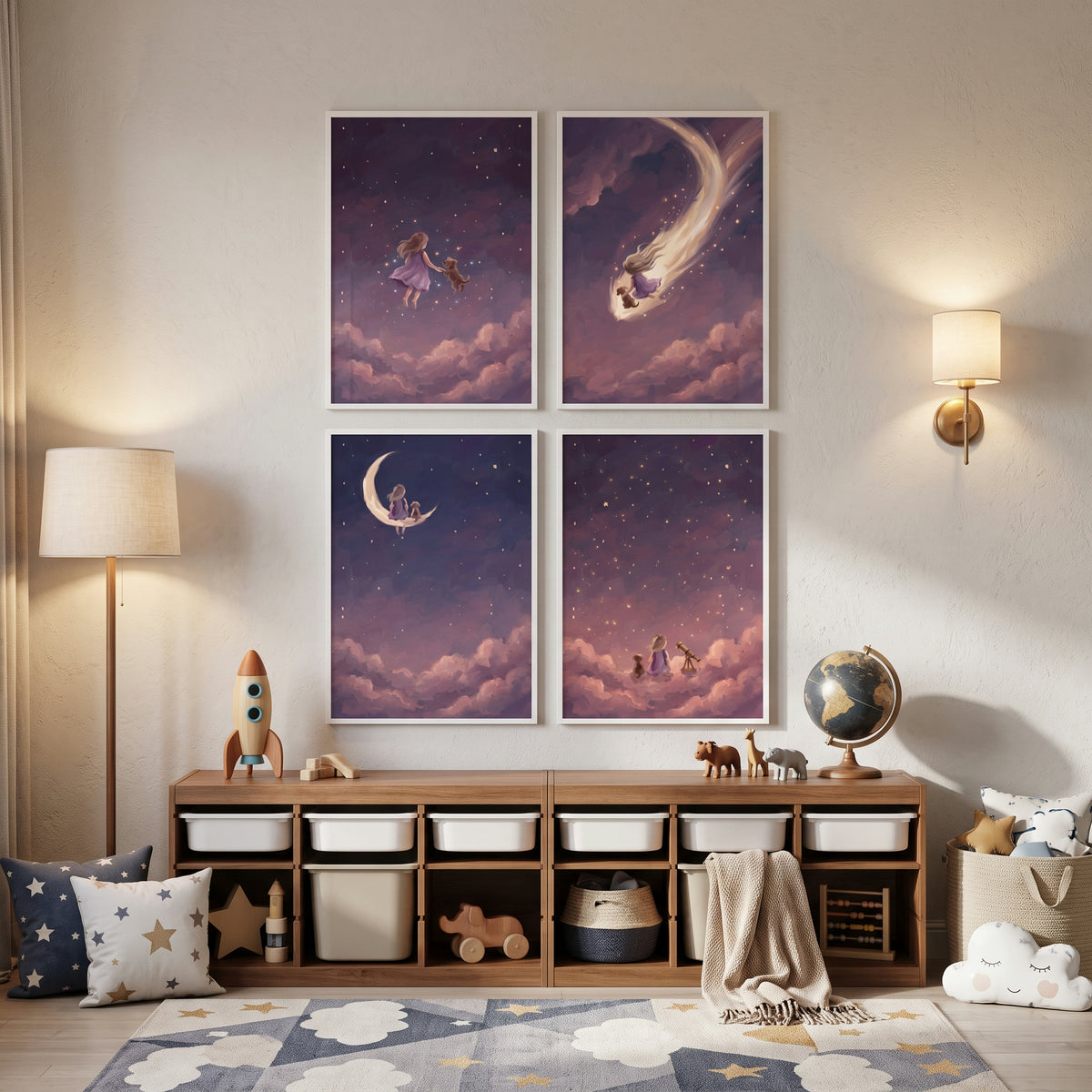 Evening Wisteria Girl Puppy Wall Art Set of 4 - Moonlit Best Friends