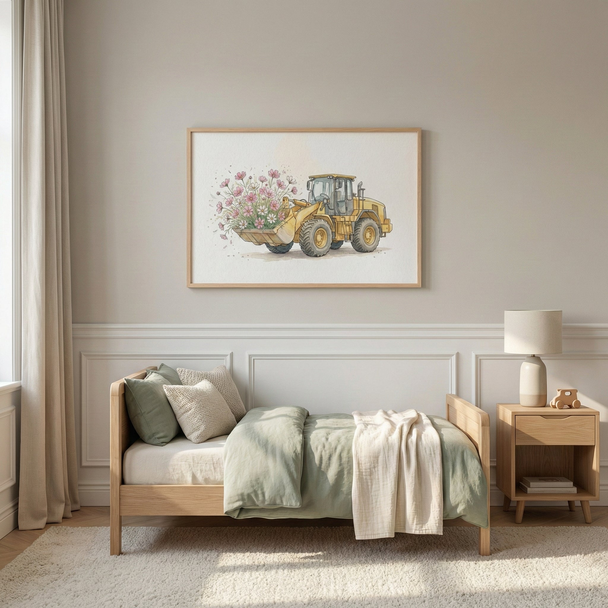 Framed art of a yellow construction loader carrying pink flowers, displayed above a bed in a child’s room decorated in soft sage green and neutral tones.