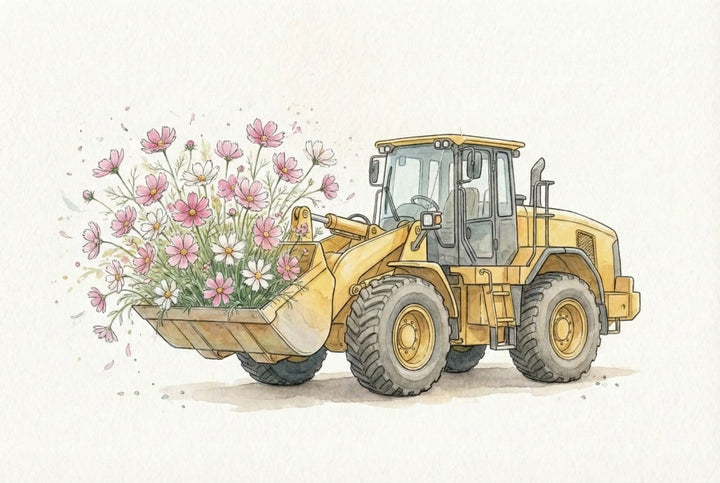 Framed watercolor artwork of a yellow excavator carrying a large bouquet of pink and white cosmos flowers hangs above a neatly made bed in a softly lit, neutral-toned bedroom. The cozy, modern space blends playful art with serene, minimalist decor.