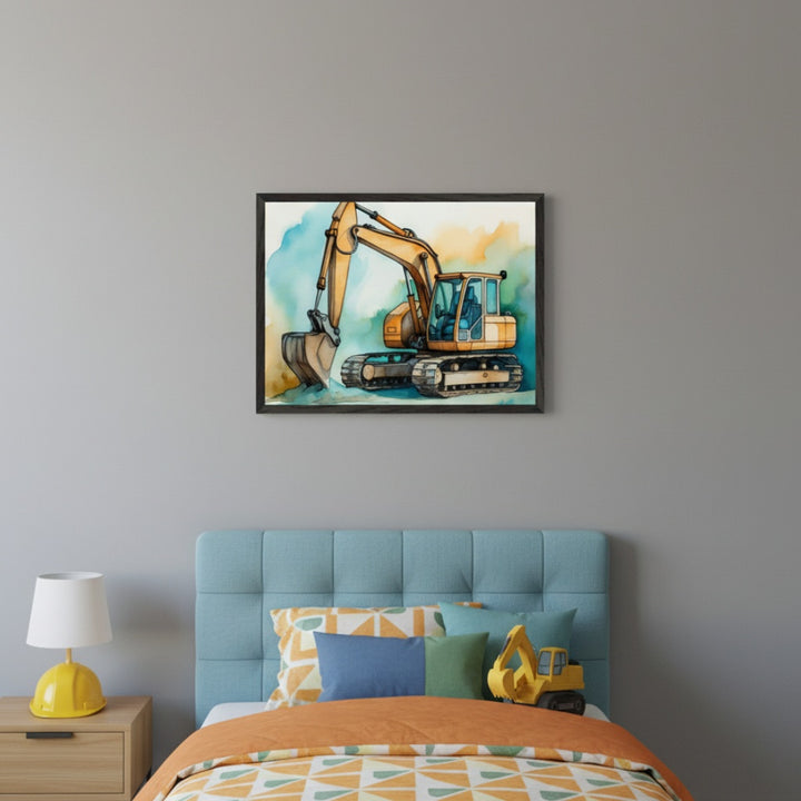 Kid's bedroom with a blue tufted headboard bed and a wooden nightstand. A framed watercolor-style print of a yellow excavator hangs on the gray wall above the bed.
